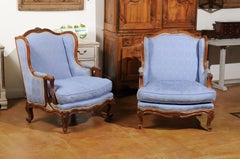 Pair of Louis XV Style French Wingback Bergères à Oreilles with Blue Upholstery