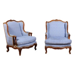 Vintage Pair of Louis XV Style French Wingback Bergères à Oreilles with Blue Upholstery