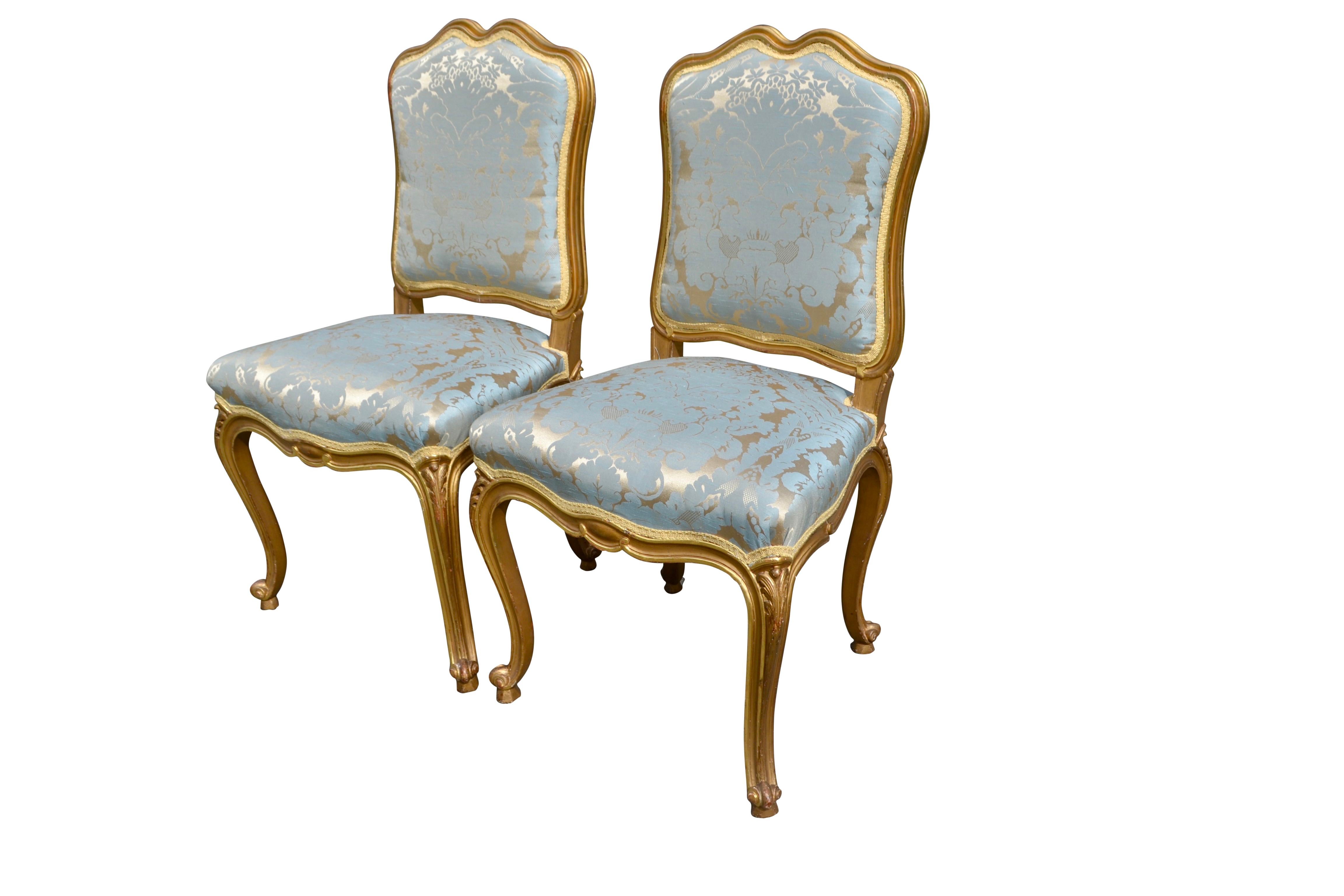 Hand-Carved Pair of Louis XV Style Gilded Side Chairs For Sale