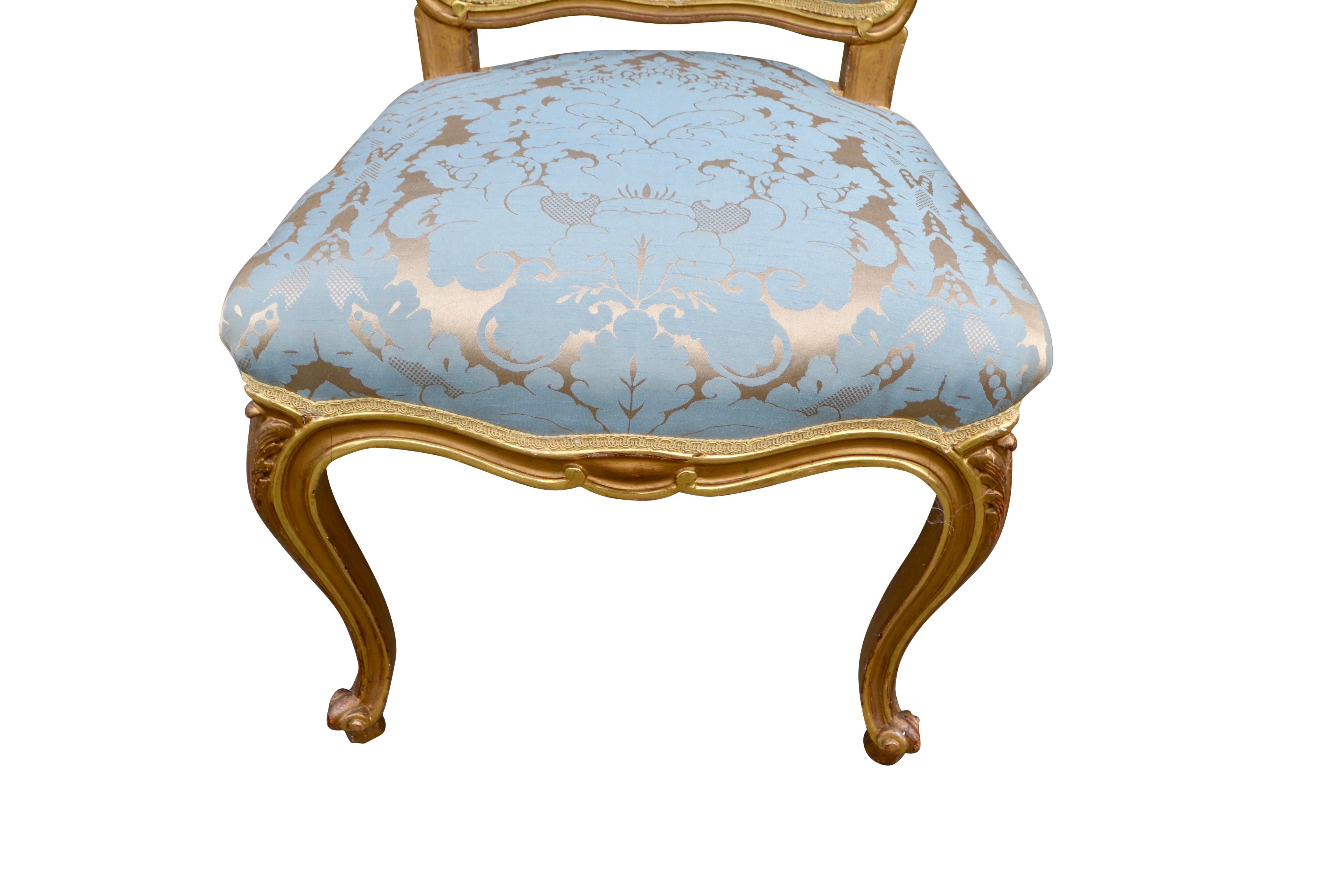 Damask Pair of Louis XV Style Gilded Side Chairs For Sale