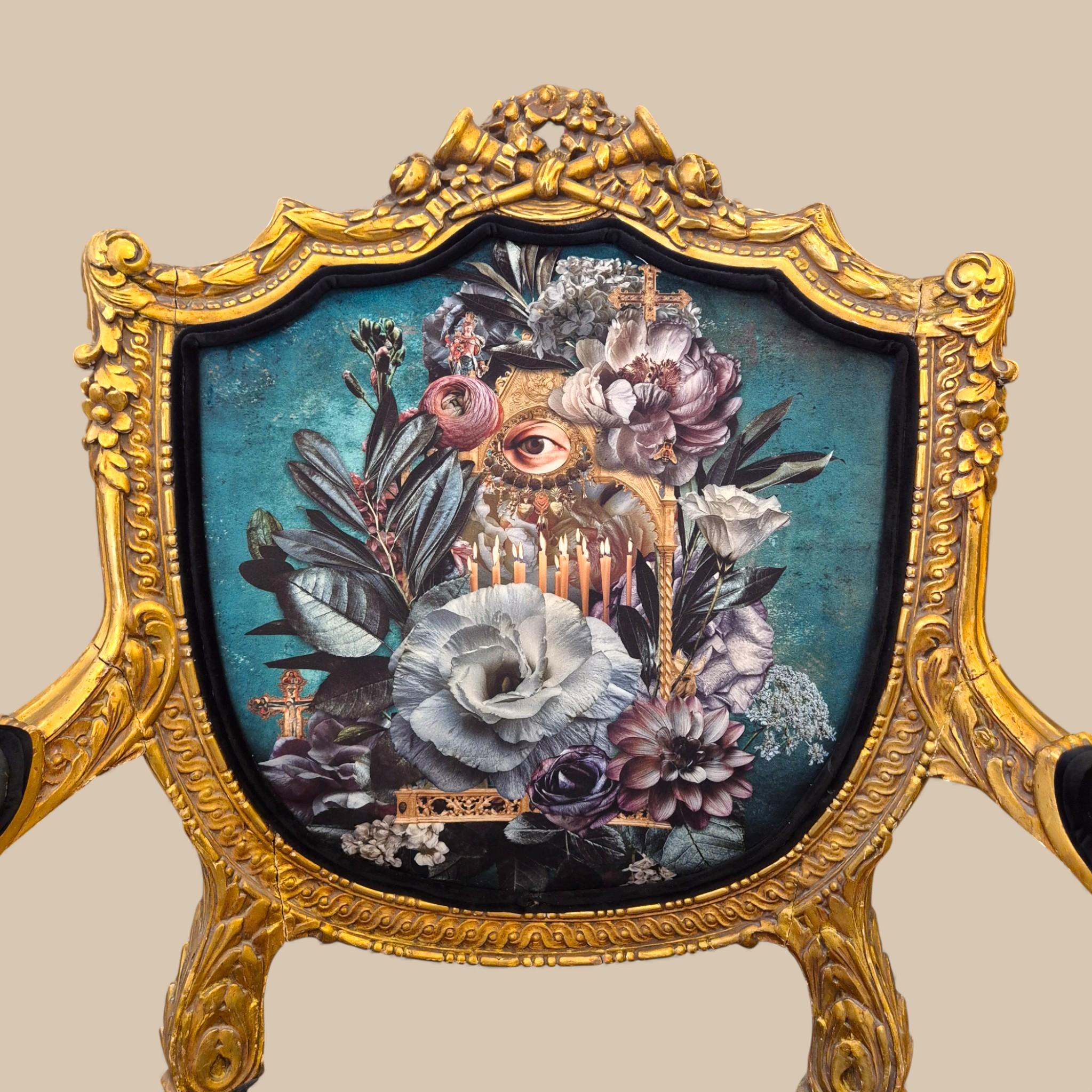 Paire de fauteuils de style Louis XV en vermeil avec tapisserie à iconographie gothique baroque en vente 1