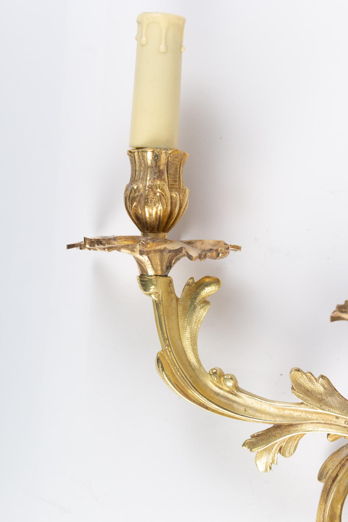 French Pair of Louis XV Style Gilt Bronze 3-Light Sconces, 19th Century