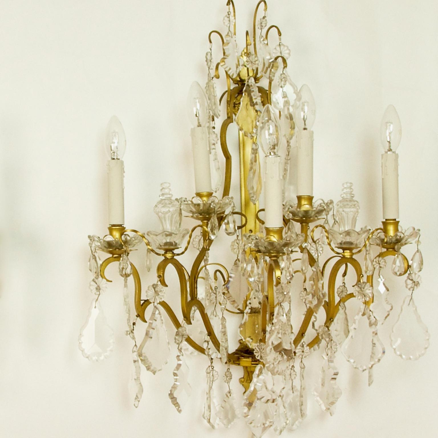 French Pair of Louis XV Style Gilt-Bronze and Cut-Crystal 5-Light Sconce or Wall Lights For Sale