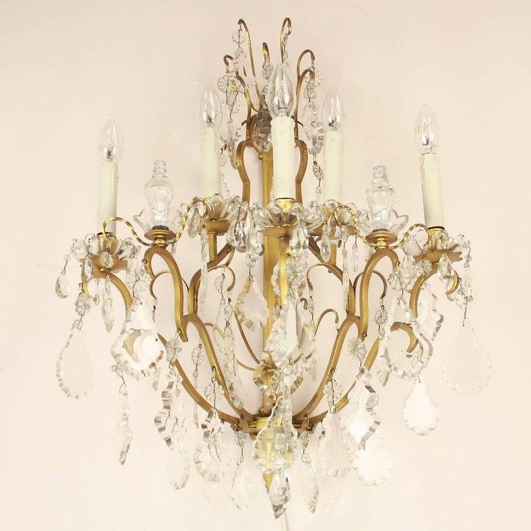 Pair of Louis XV Style Gilt-Bronze and Cut-Crystal Five Light Sconce or Wall Lights 

A large pair of Louis XV style five branch wall sconce or wall lights, each with splays of flower heads on top. The back plate appearing as the central stem