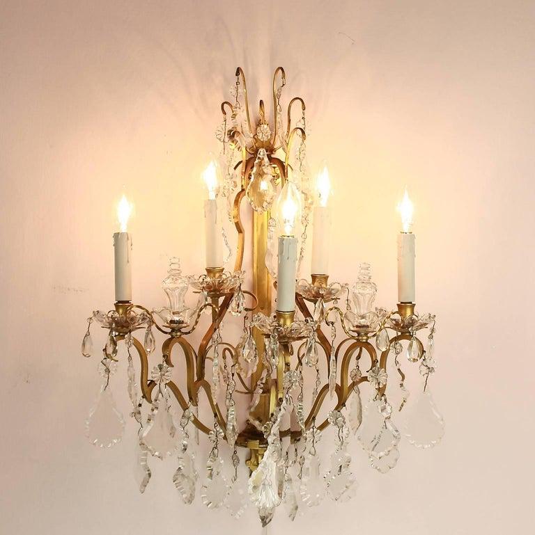 Pair of Louis XV Style Gilt-Bronze and Cut-Crystal 5-Light Sconce or Wall Lights For Sale 3
