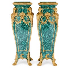 Pair of Louis XV Style Gilt Bronze and Malachite Stands