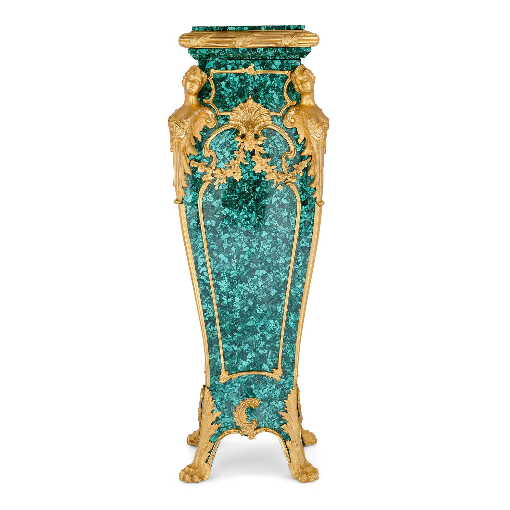 Rococo Pair of Louis XV Style Gilt Bronze and Malachite Stands