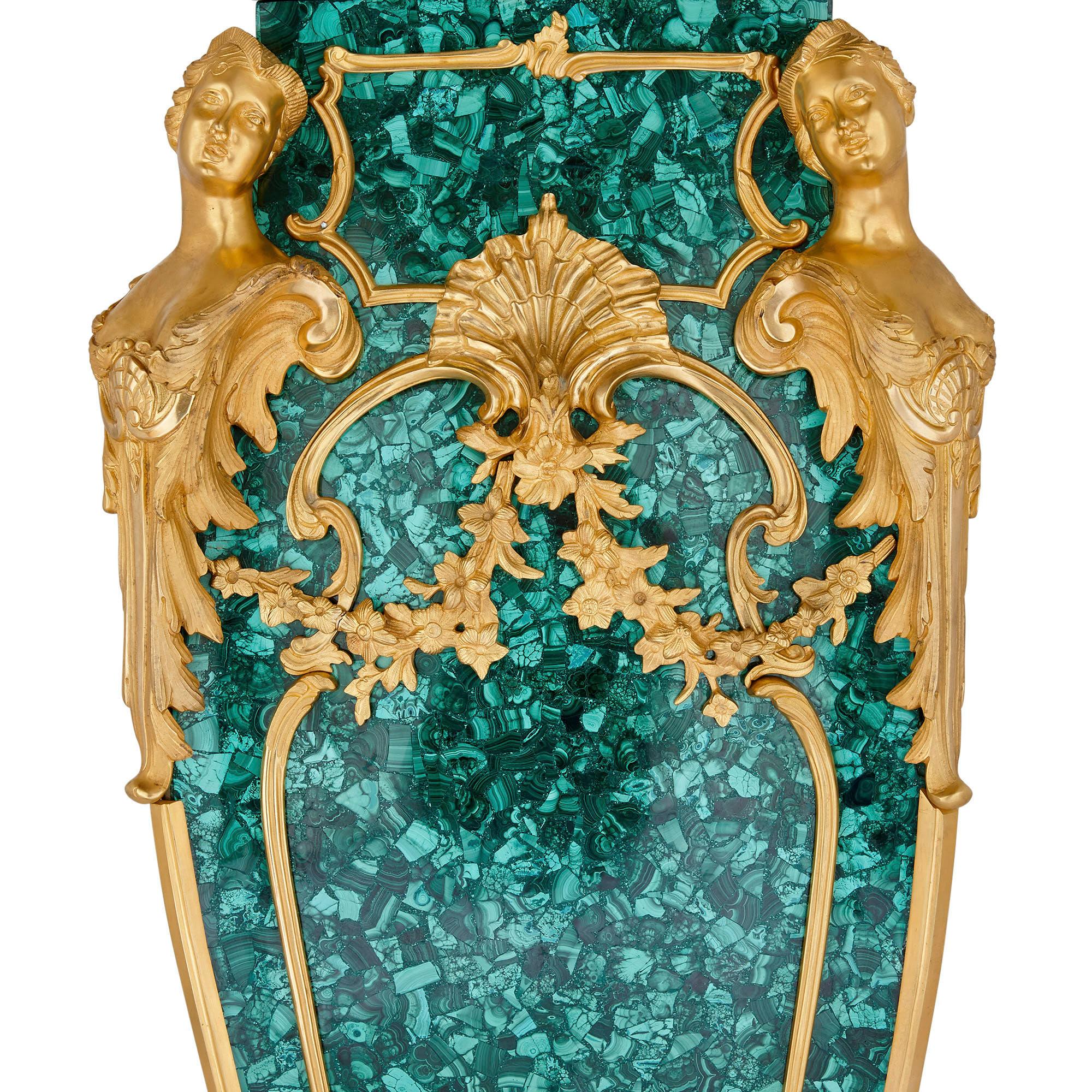 French Pair of Louis XV Style Gilt Bronze and Malachite Stands
