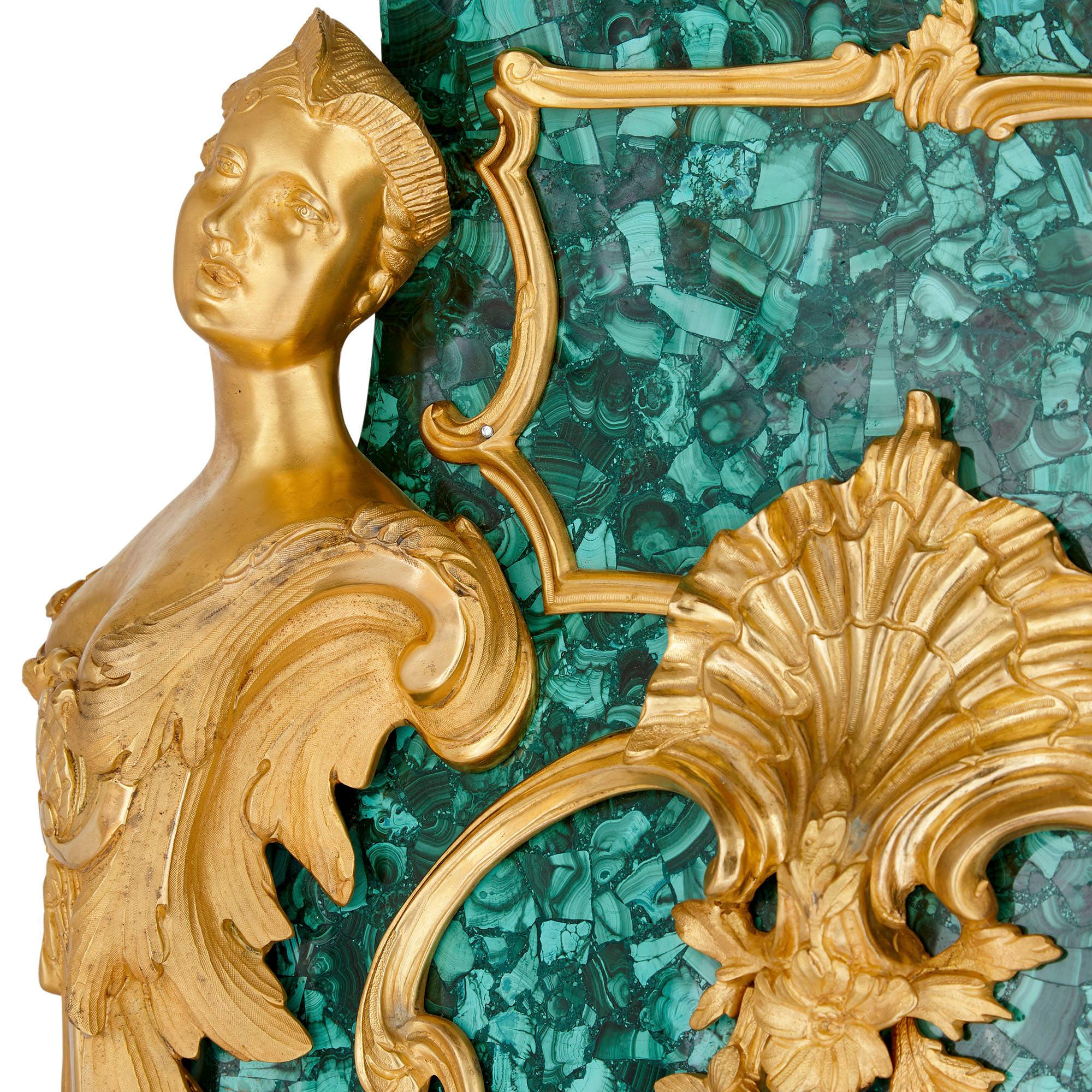 20th Century Pair of Louis XV Style Gilt Bronze and Malachite Stands
