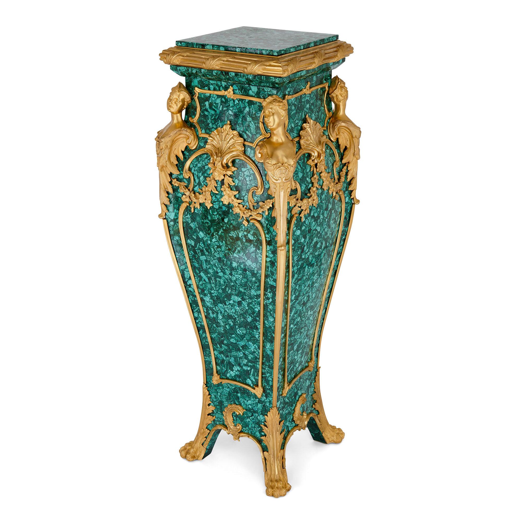 Pair of Louis XV Style Gilt Bronze and Malachite Stands 1