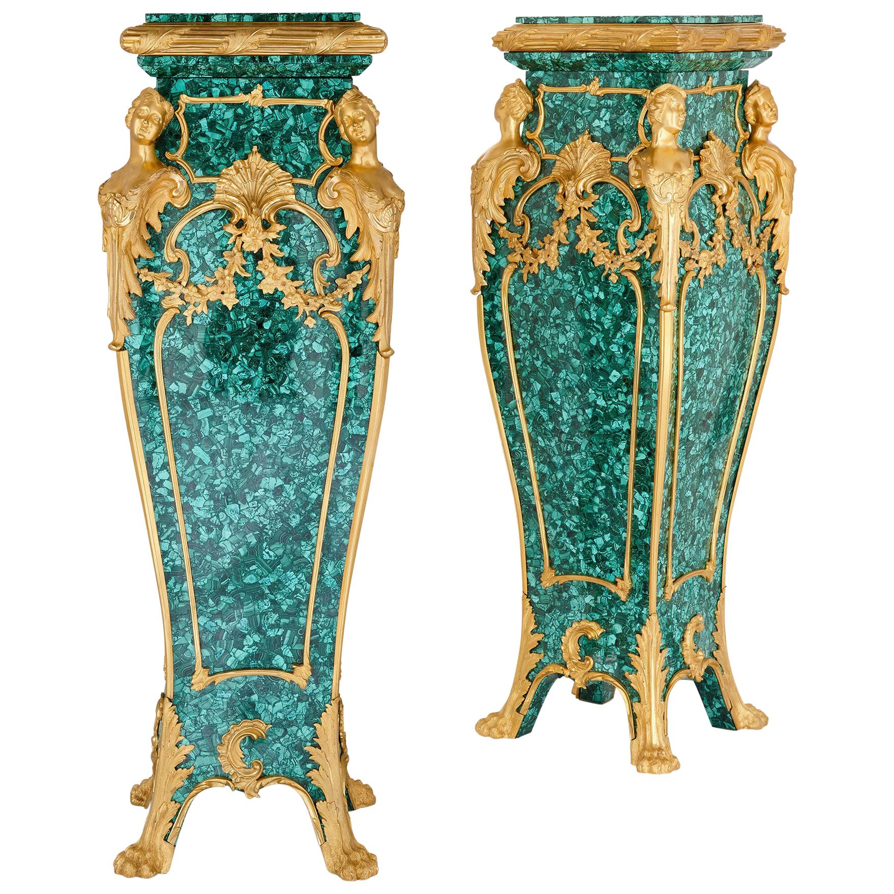 Pair of Louis XV Style Gilt Bronze and Malachite Stands
