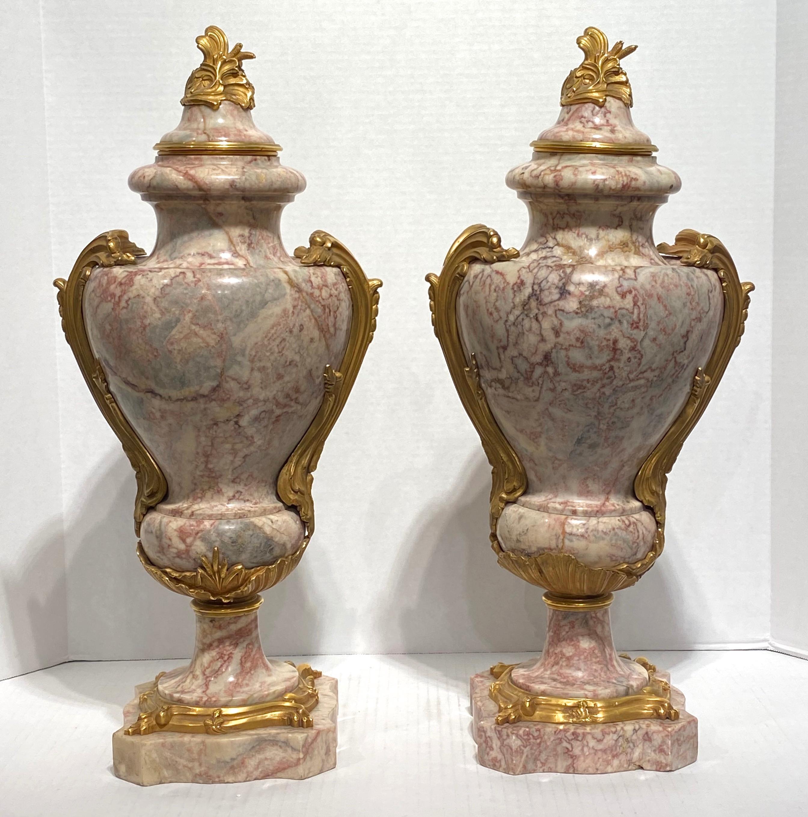 French Pair of Louis XV Style Gilt Bronze and Marble Urns