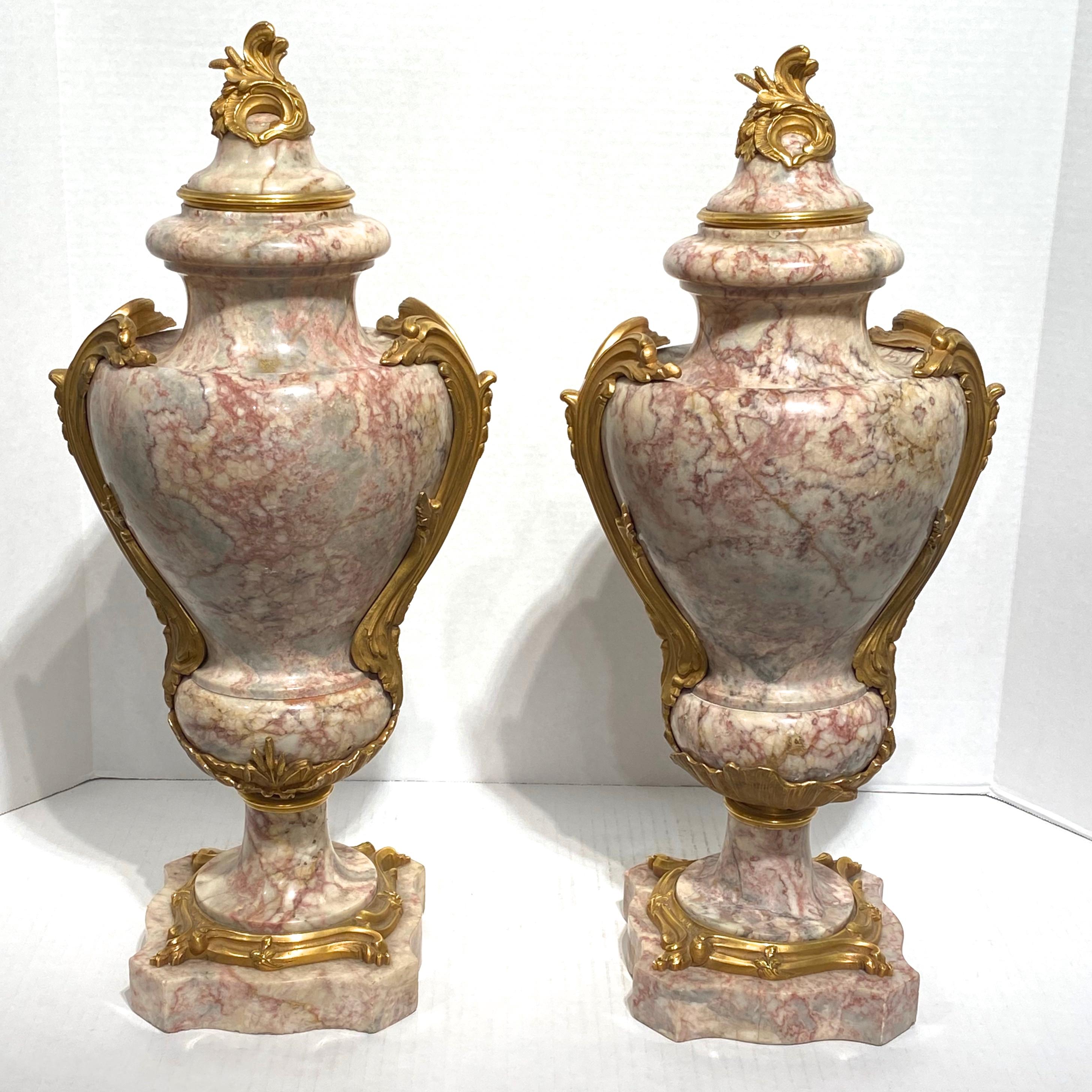 Pair of Louis XV Style Gilt Bronze and Marble Urns In Excellent Condition In New York, NY
