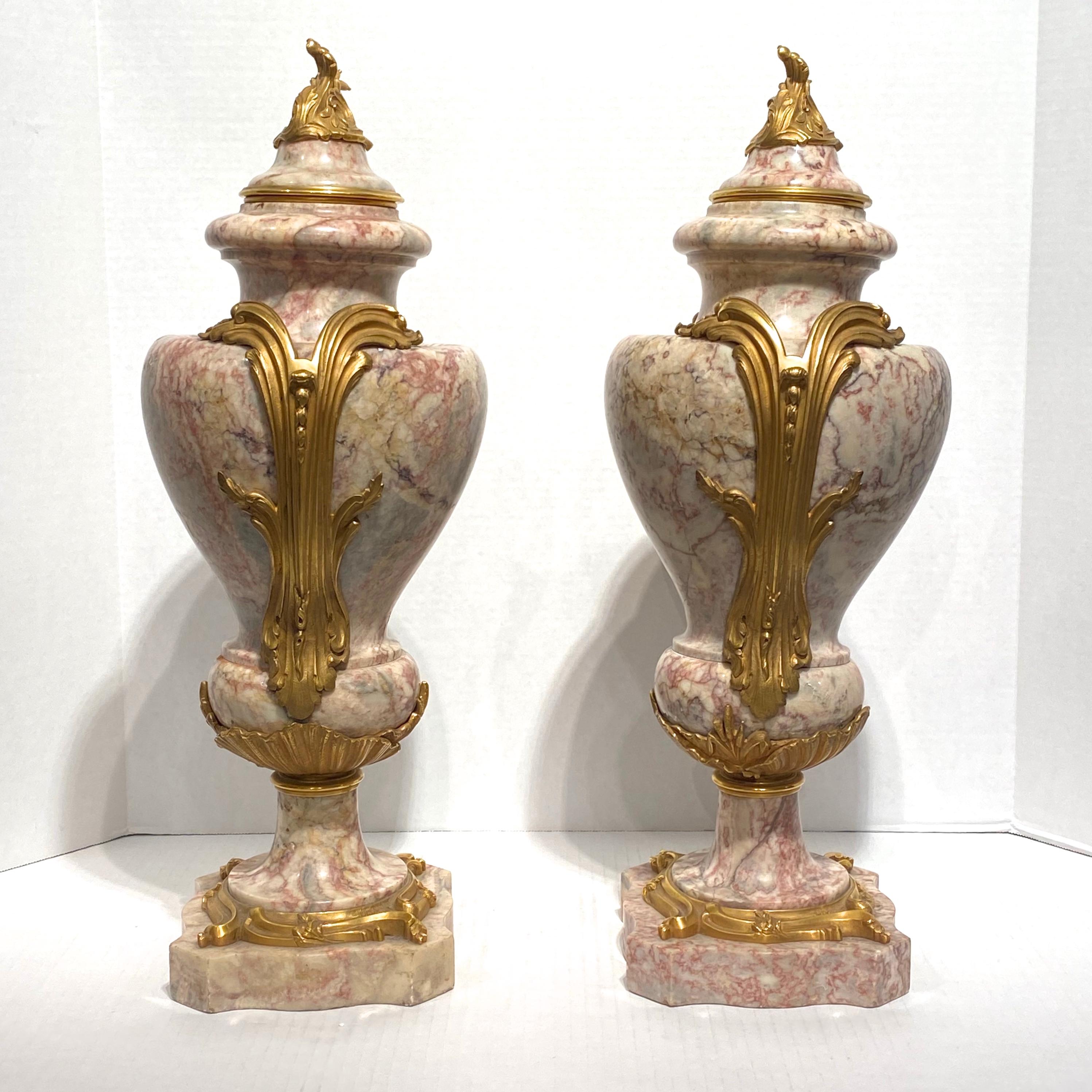 19th Century Pair of Louis XV Style Gilt Bronze and Marble Urns