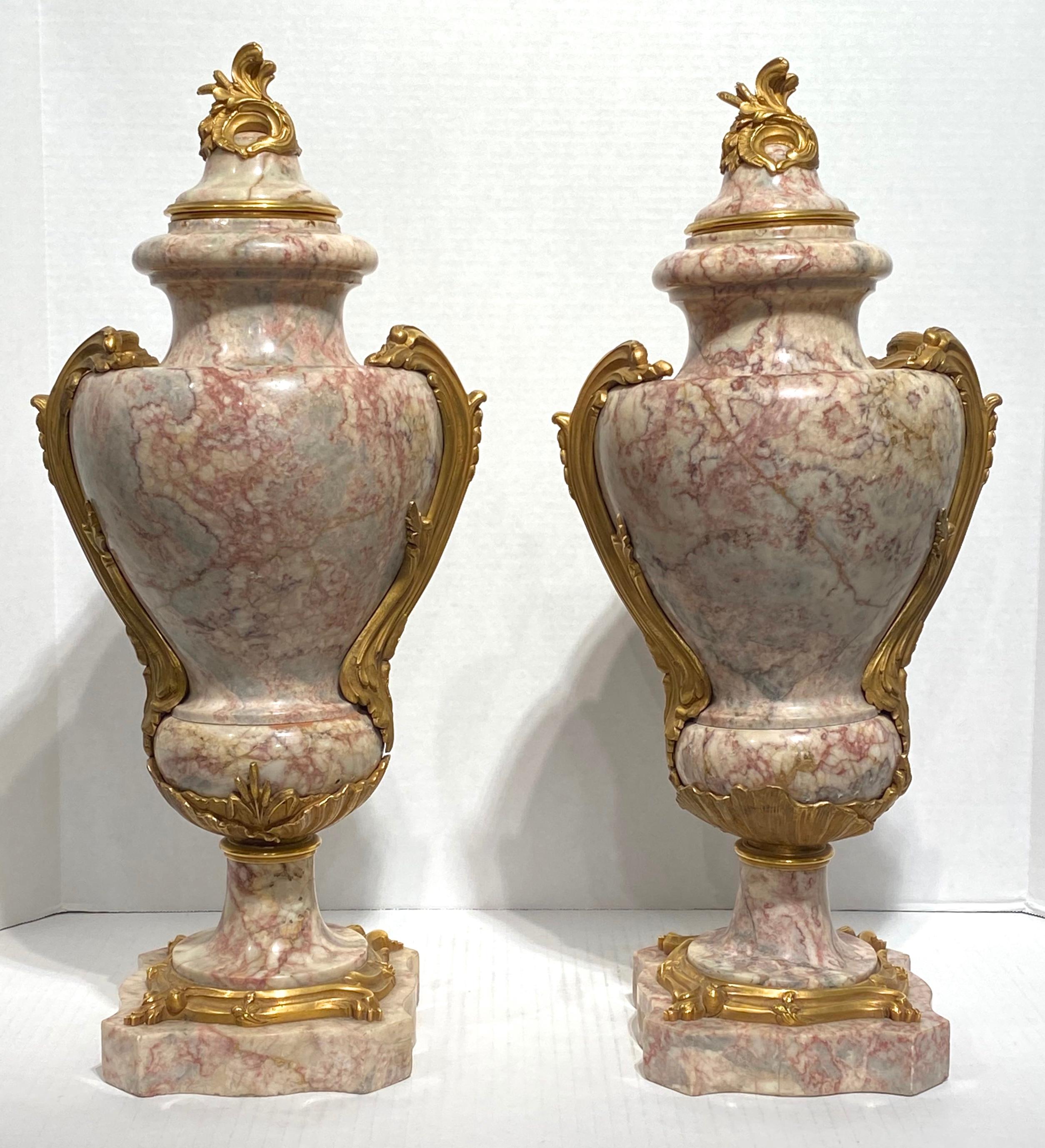 Pair of Louis XV Style Gilt Bronze and Marble Urns 1