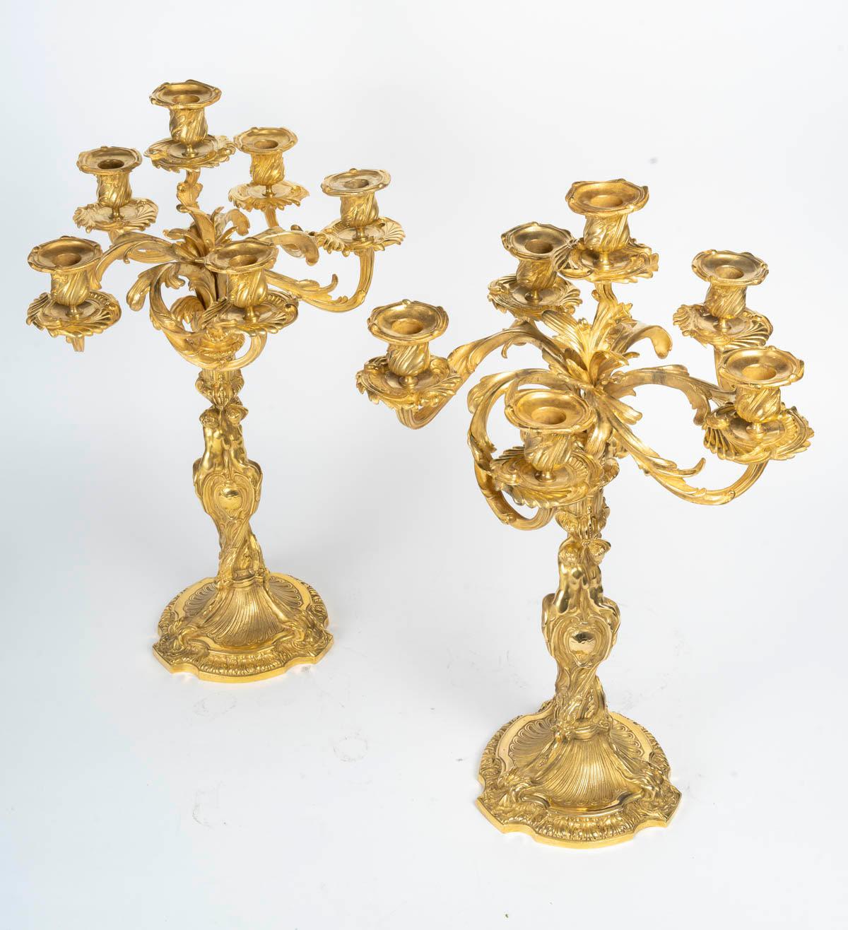 French Pair of Louis XV Style Gilt Bronze Candelabra, 19th Century. For Sale