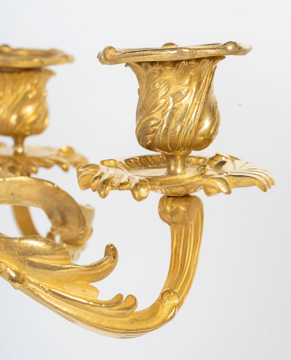 Pair of Louis XV Style Gilt Bronze Candelabra, 19th Century. For Sale 2