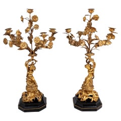 Pareja de Candelabros Figurales de Bronce Dorado Estilo Luis XV