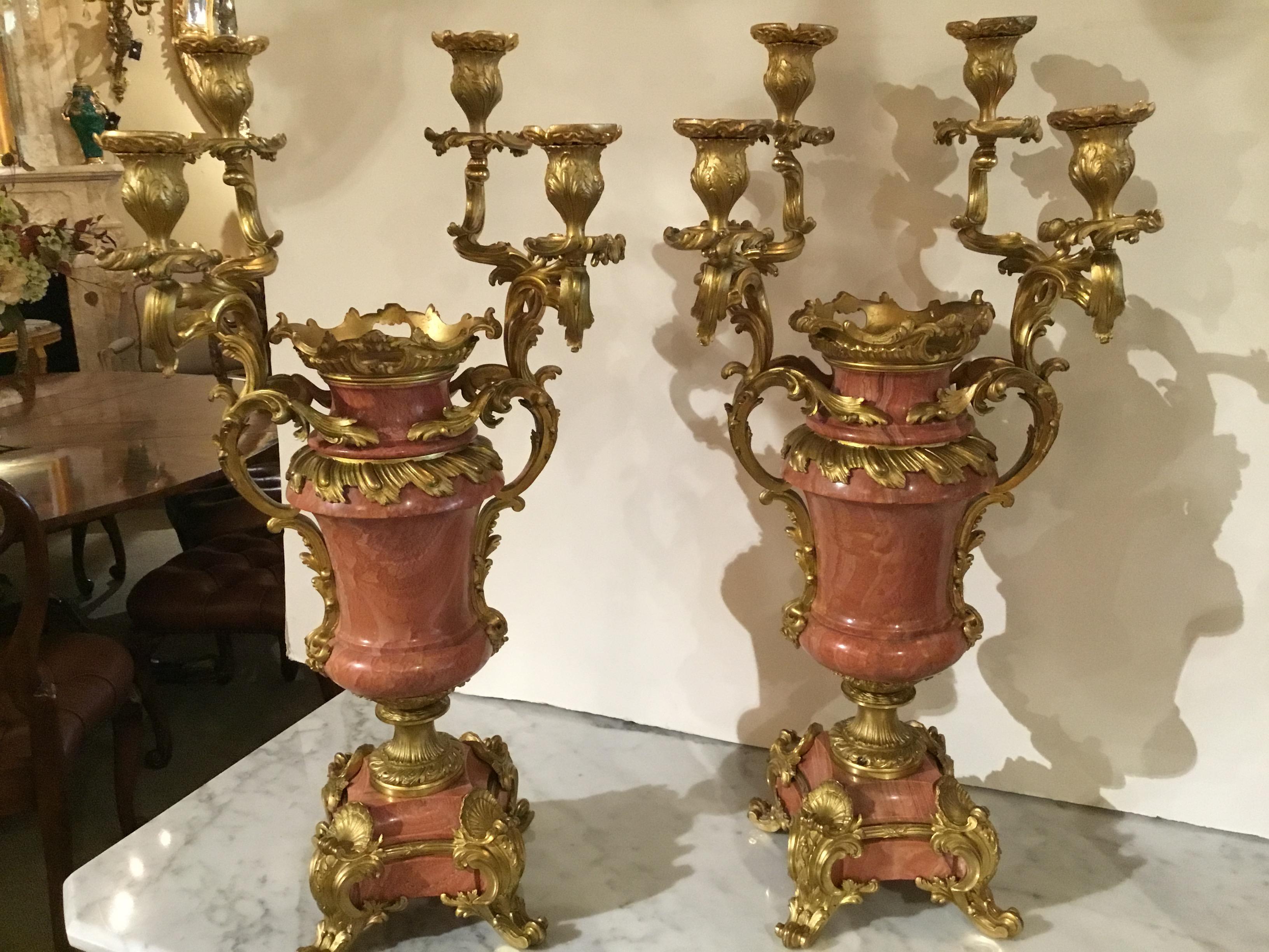 Pair of Louis XV-Style Gilt Bronze Mounted Candelabra, Mounted Pink Marble 4