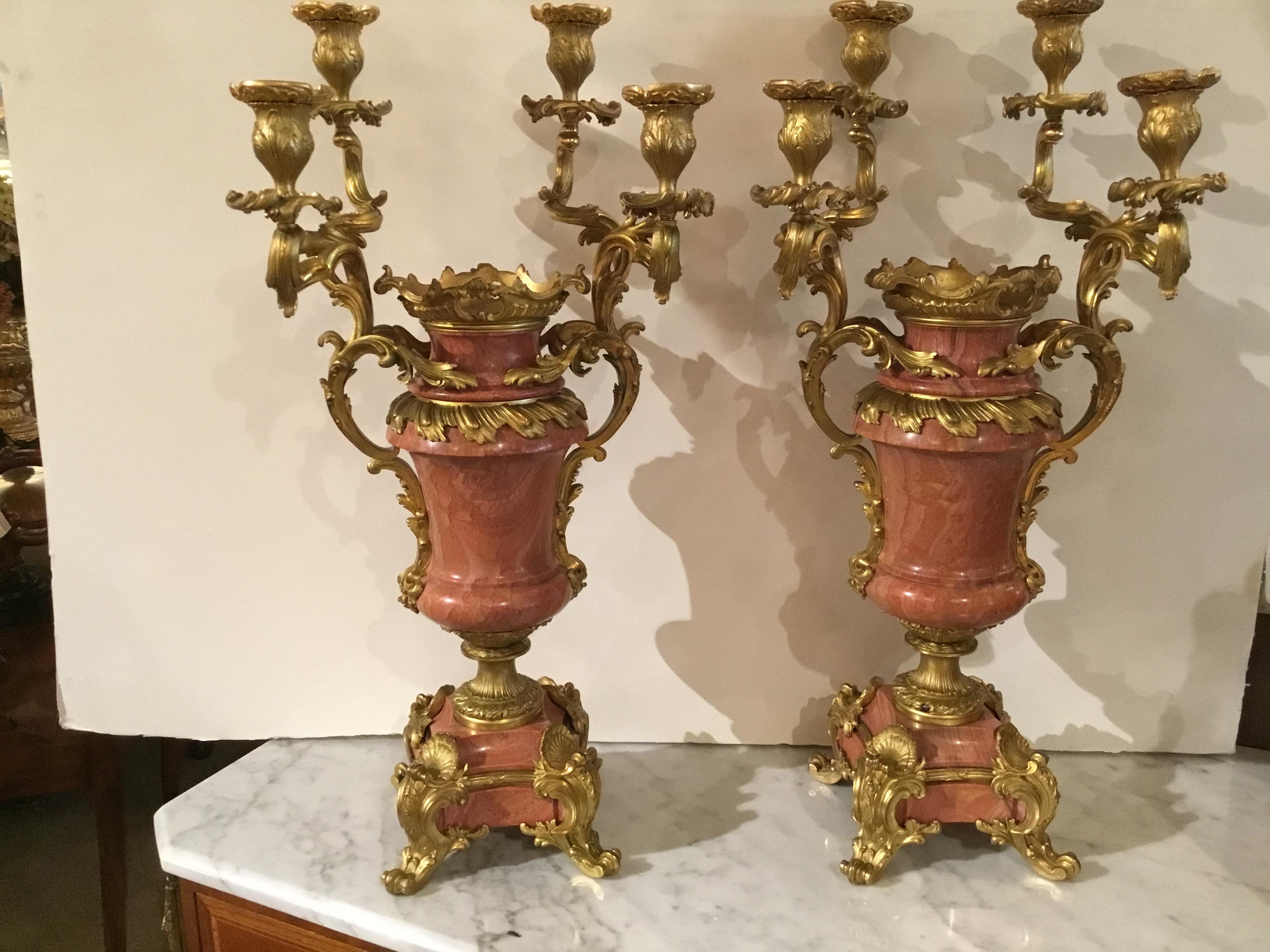 Pair of Louis XV-Style Gilt Bronze Mounted Candelabra, Mounted Pink Marble 6