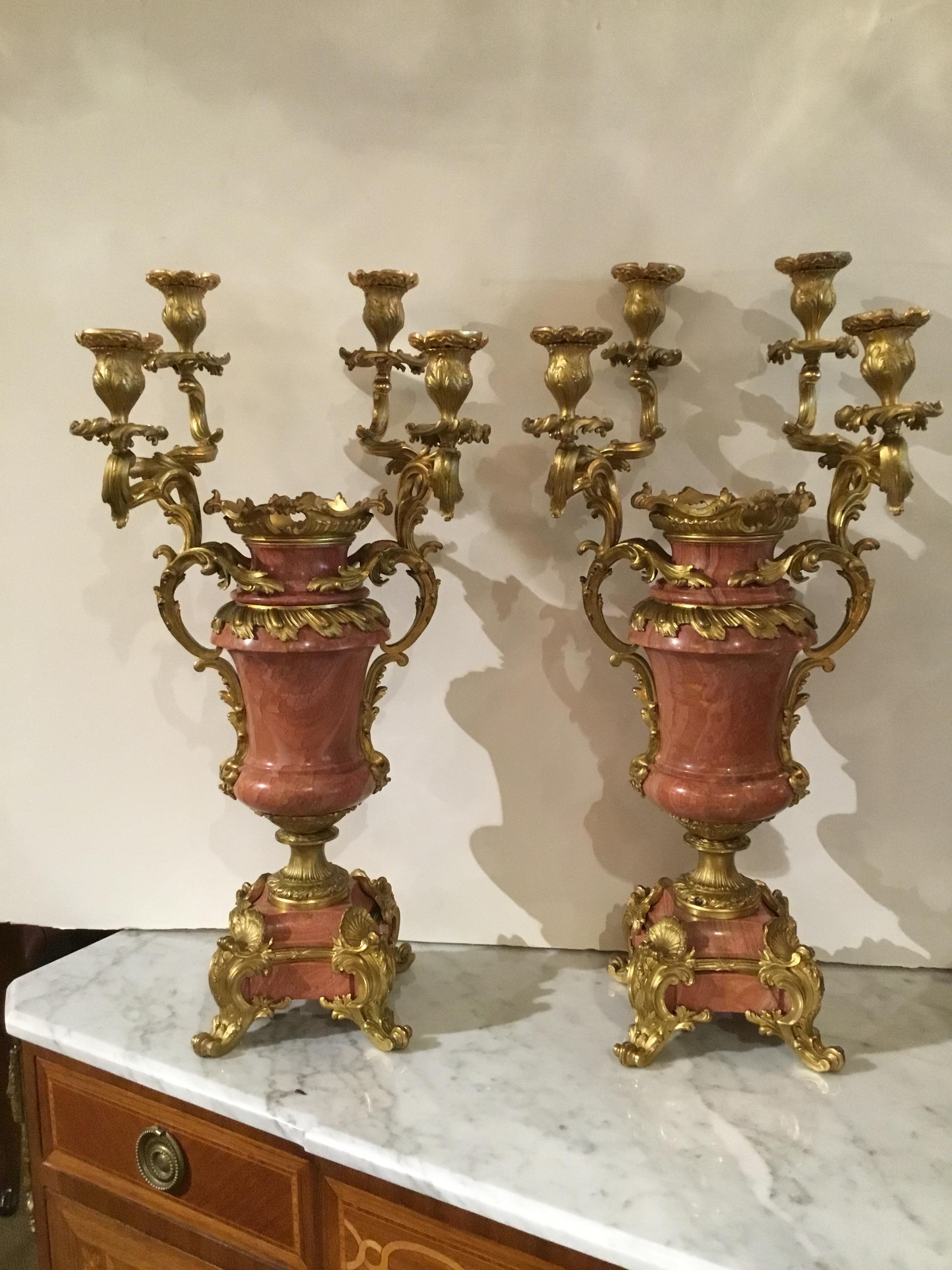 Pair of Louis XV-Style Gilt Bronze Mounted Candelabra, Mounted Pink Marble 7