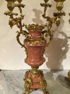 Pair of Louis XV-Style Gilt Bronze Mounted Candelabra, Mounted Pink Marble