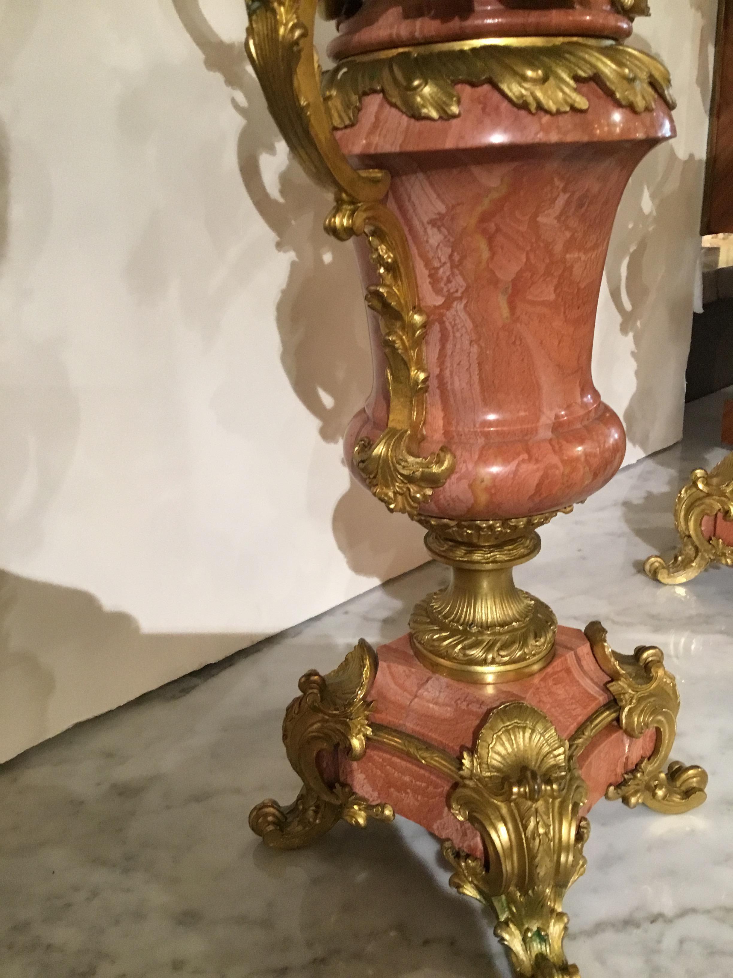 French Pair of Louis XV-Style Gilt Bronze Mounted Candelabra, Mounted Pink Marble