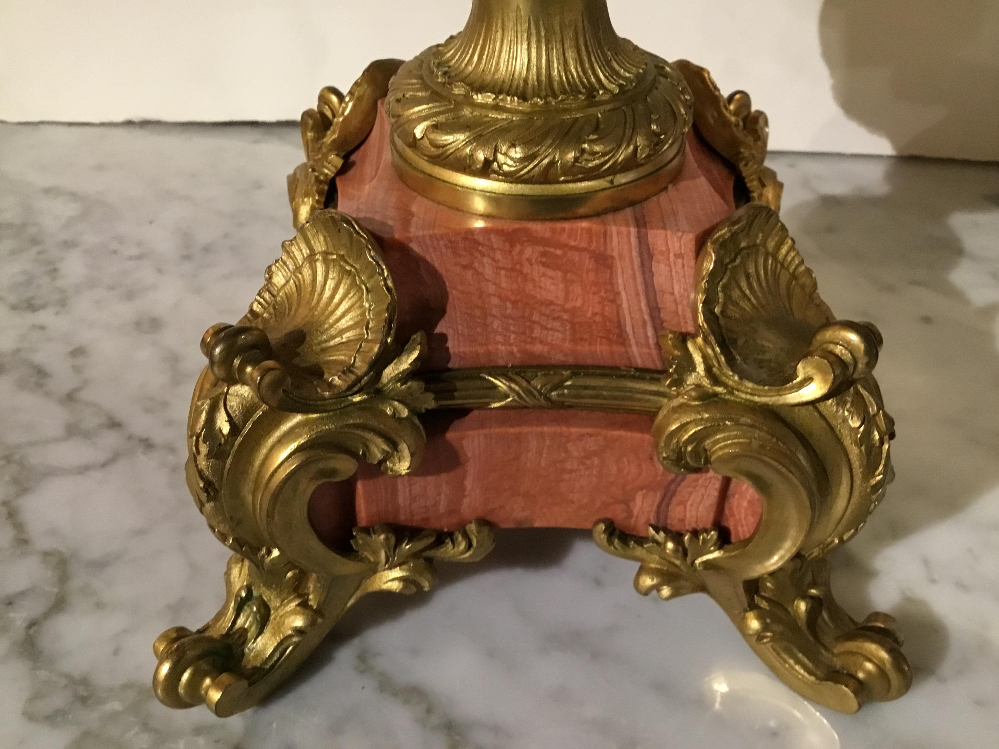 Pair of Louis XV-Style Gilt Bronze Mounted Candelabra, Mounted Pink Marble In Good Condition In Houston, TX