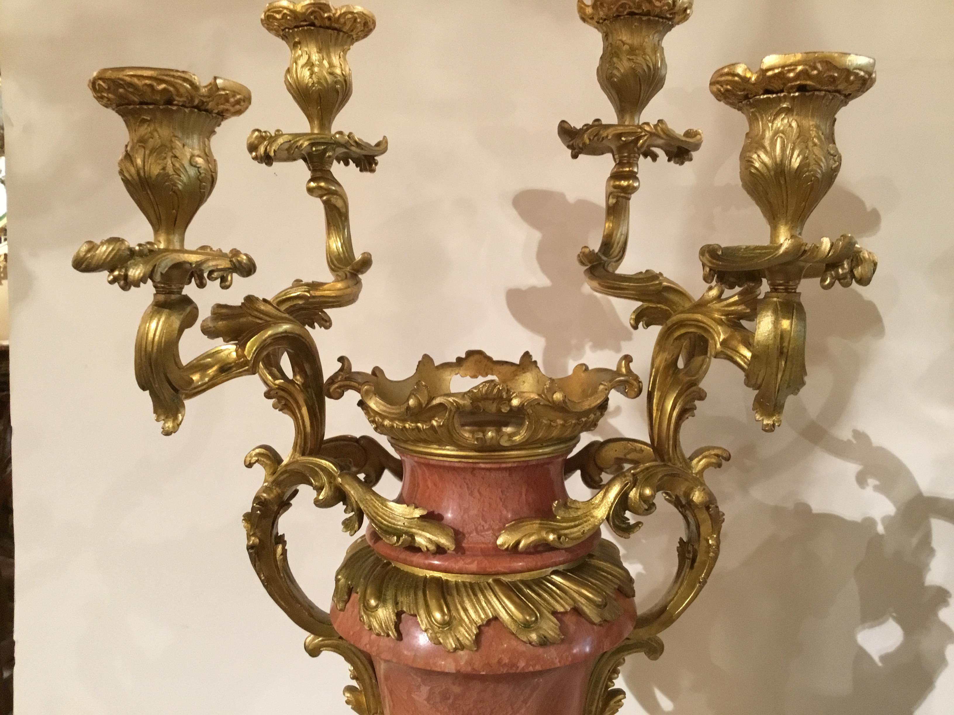 19th Century Pair of Louis XV-Style Gilt Bronze Mounted Candelabra, Mounted Pink Marble