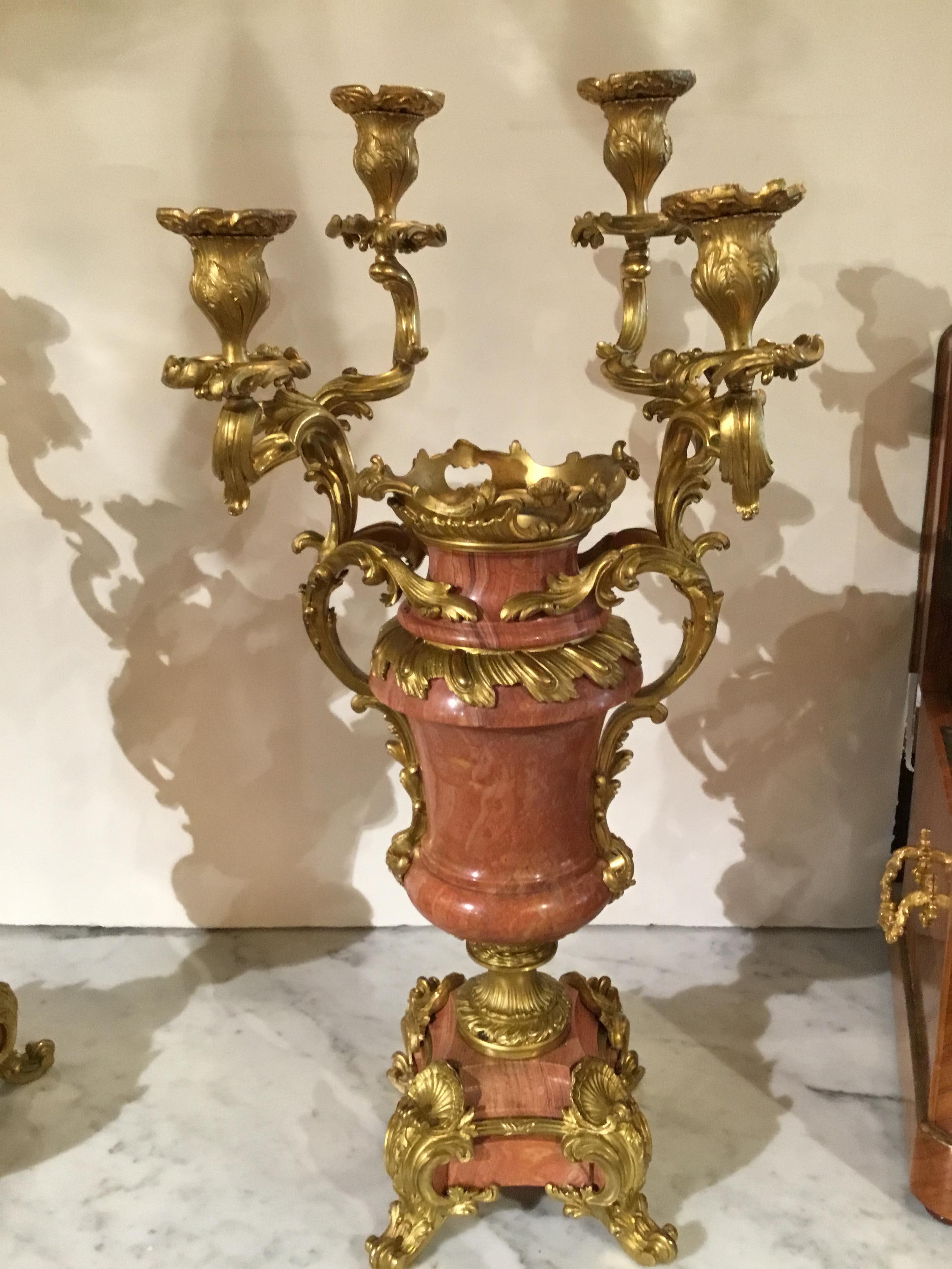 Pair of Louis XV-Style Gilt Bronze Mounted Candelabra, Mounted Pink Marble 2