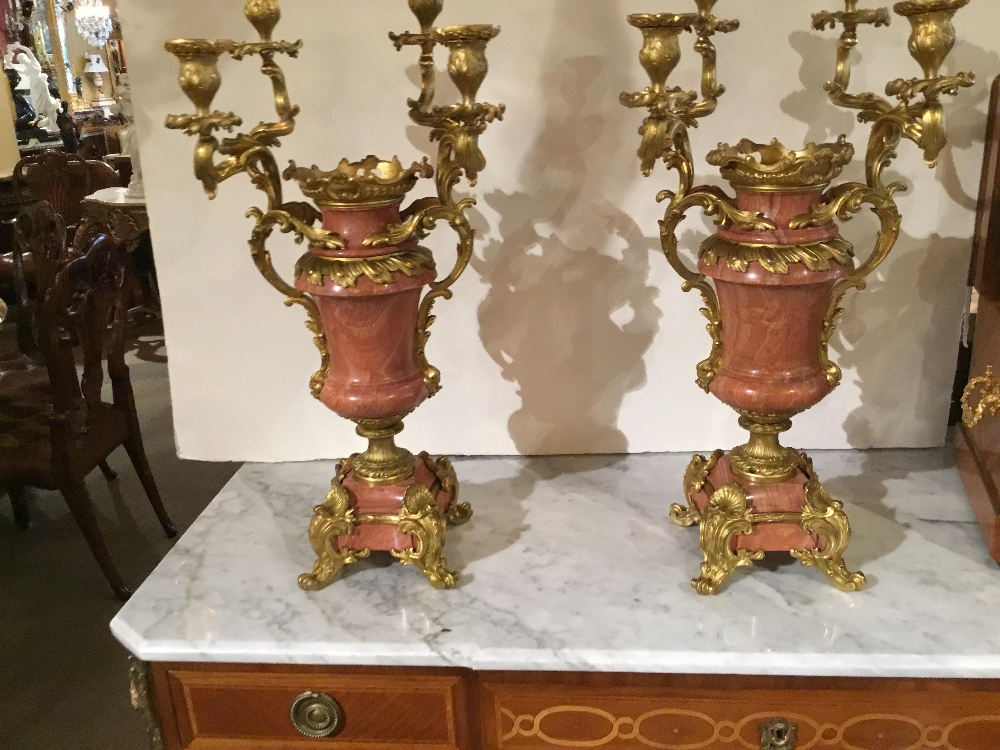 Pair of Louis XV-Style Gilt Bronze Mounted Candelabra, Mounted Pink Marble 3