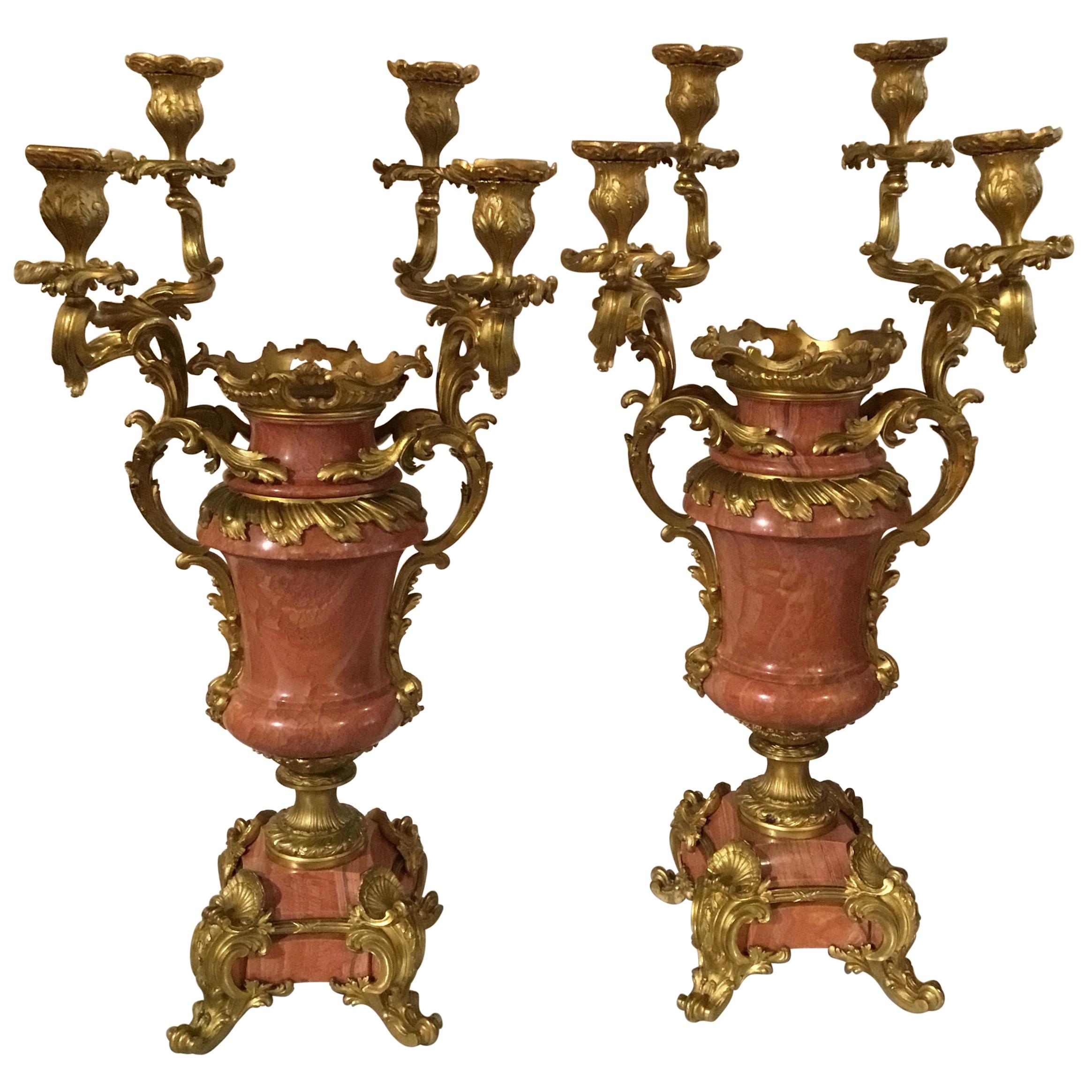 Pair of Louis XV-Style Gilt Bronze Mounted Candelabra, Mounted Pink Marble