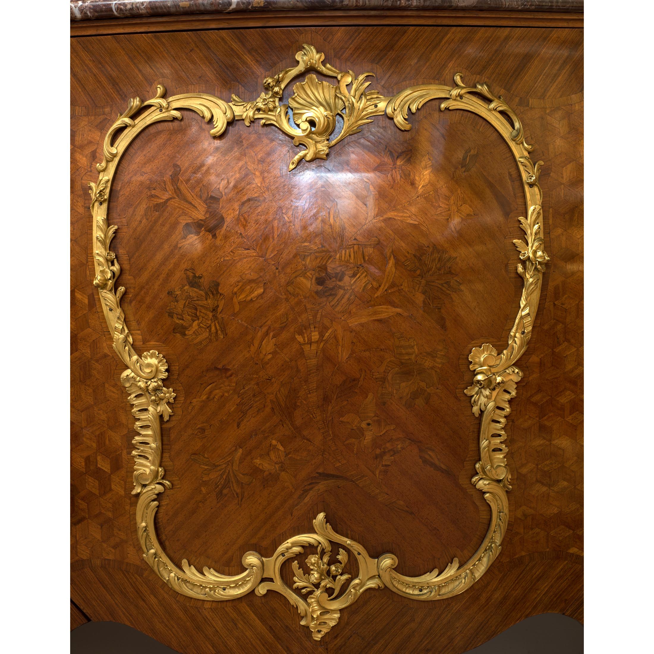 French Pair of Louis XV Style Gilt Bronze Mounted Kingwood Marble Top Commode For Sale