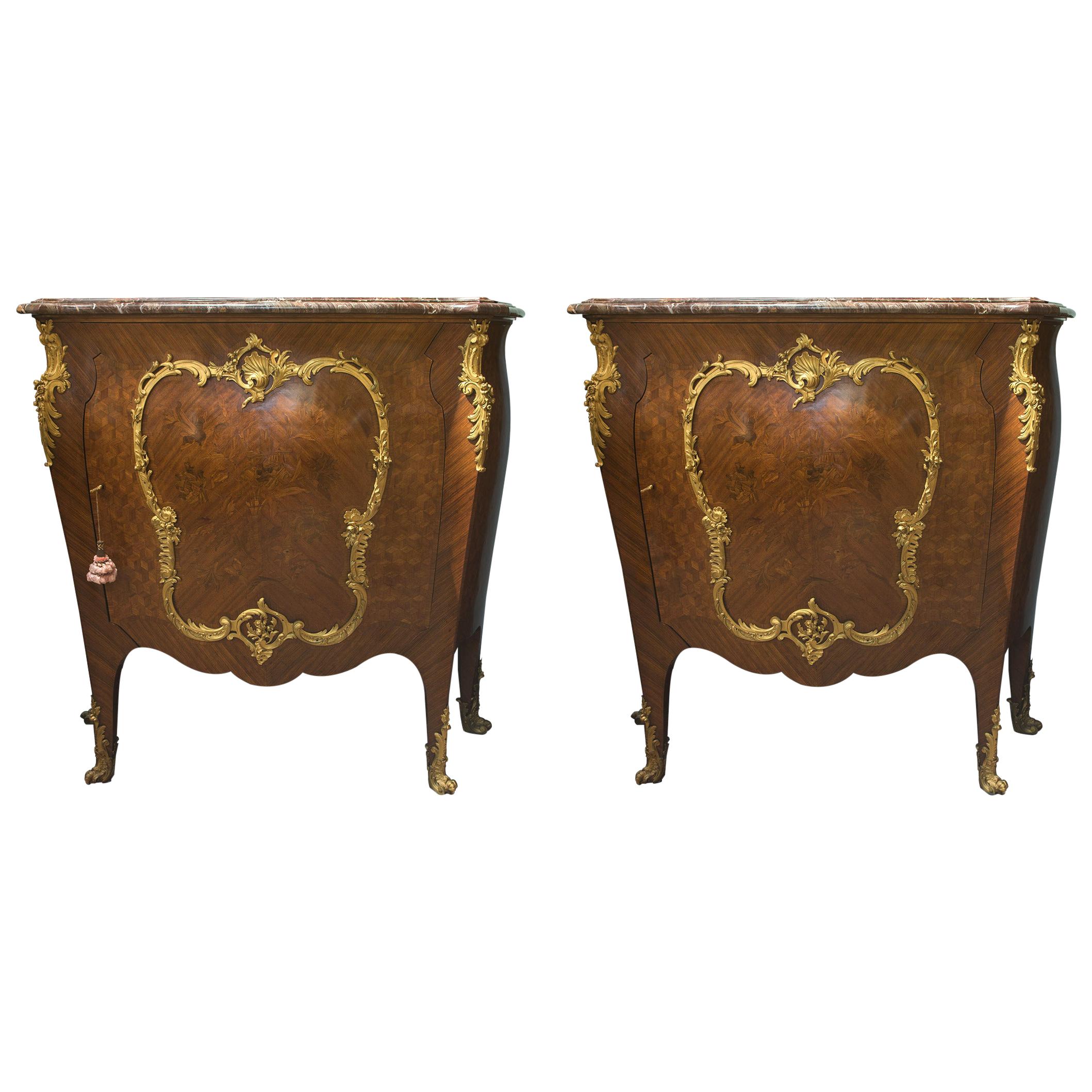 Pair of Louis XV Style Gilt Bronze Mounted Kingwood Marble Top Commode