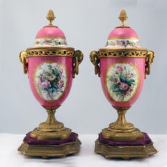 Pair of Louis XV Style Gilt Bronze Mounted Paris Pink Porcelain Covered Urns