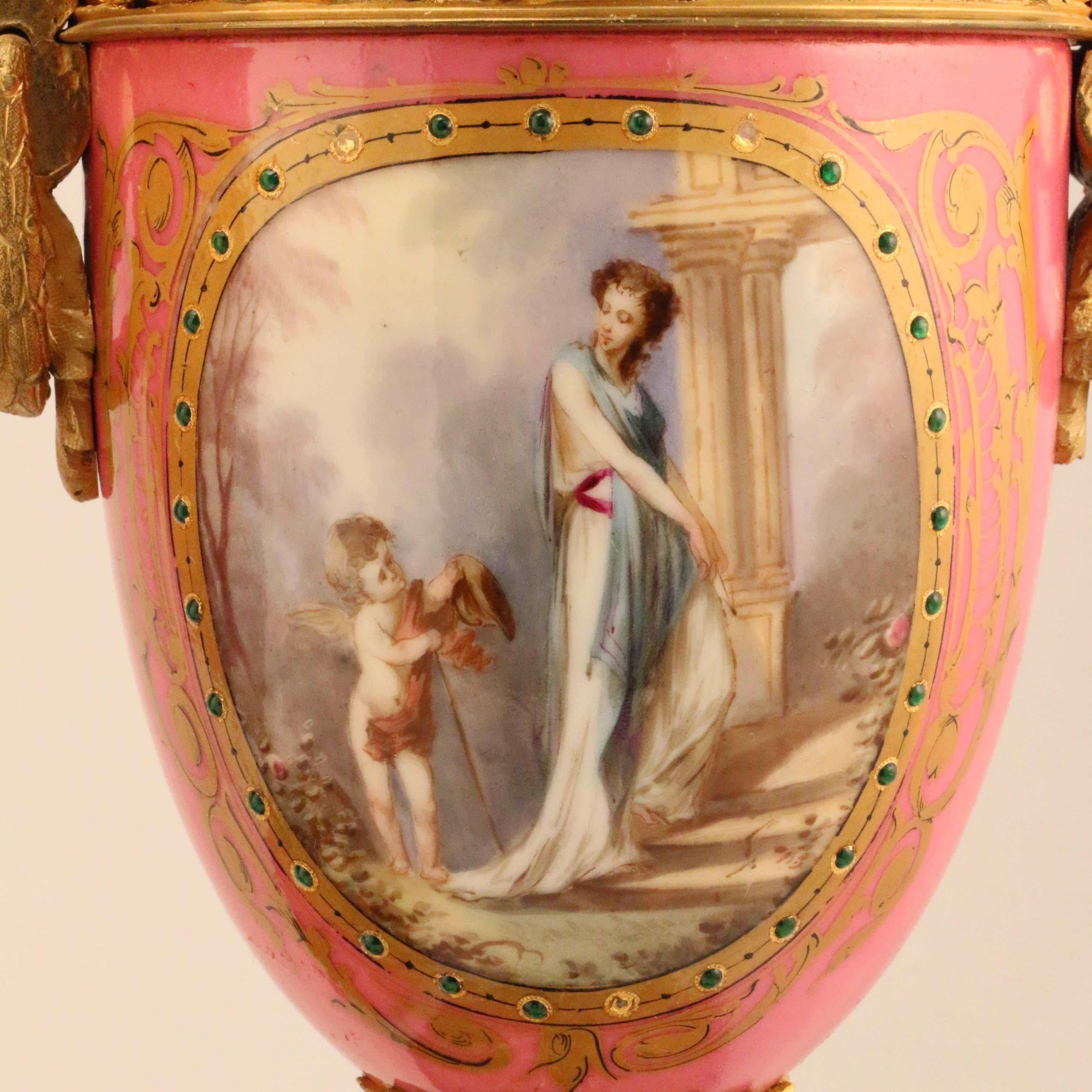 19th Century Pair of Louis XV Style Gilt Bronze Mounted Paris Pink Porcelain Covered Urns For Sale