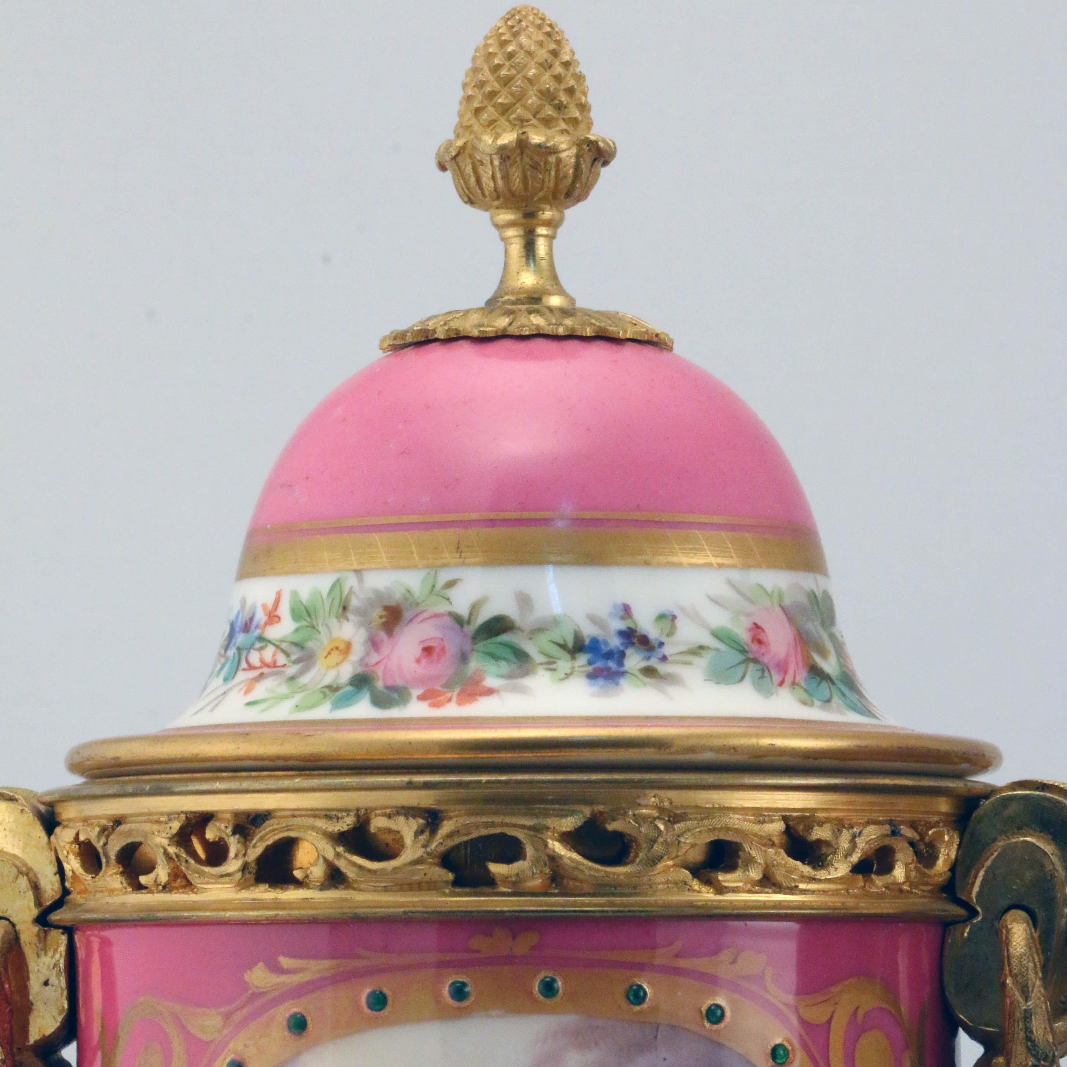 Pair of Louis XV Style Gilt Bronze Mounted Paris Pink Porcelain Covered Urns For Sale 3