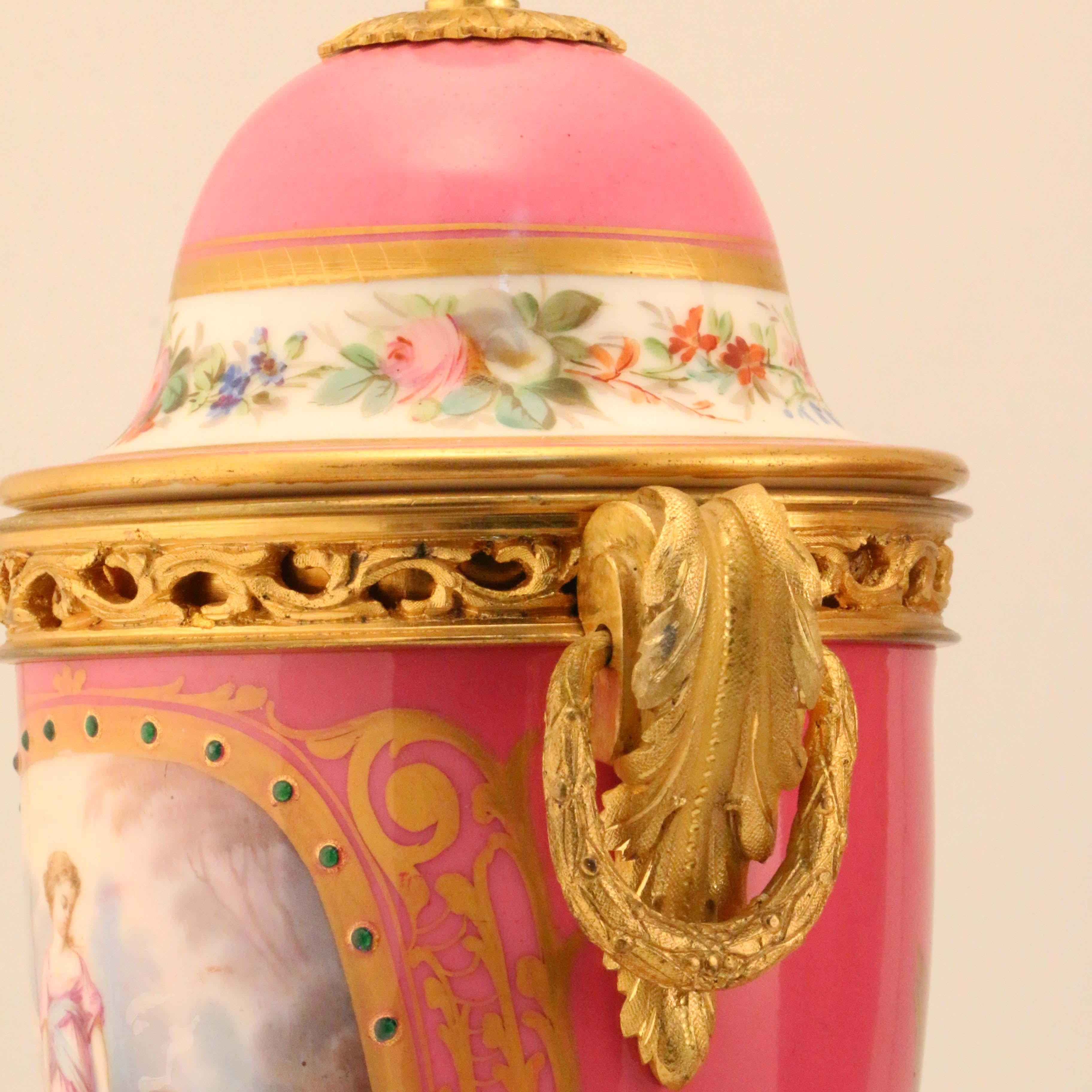 Pair of Louis XV Style Gilt Bronze Mounted Paris Pink Porcelain Covered Urns For Sale 4