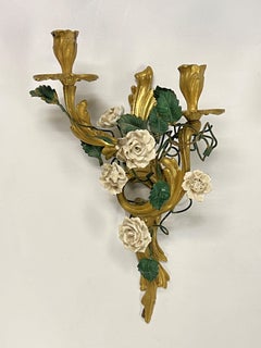 Pair 19th Century Louis XV Style Gilt Bronze Sconces with White Roses
