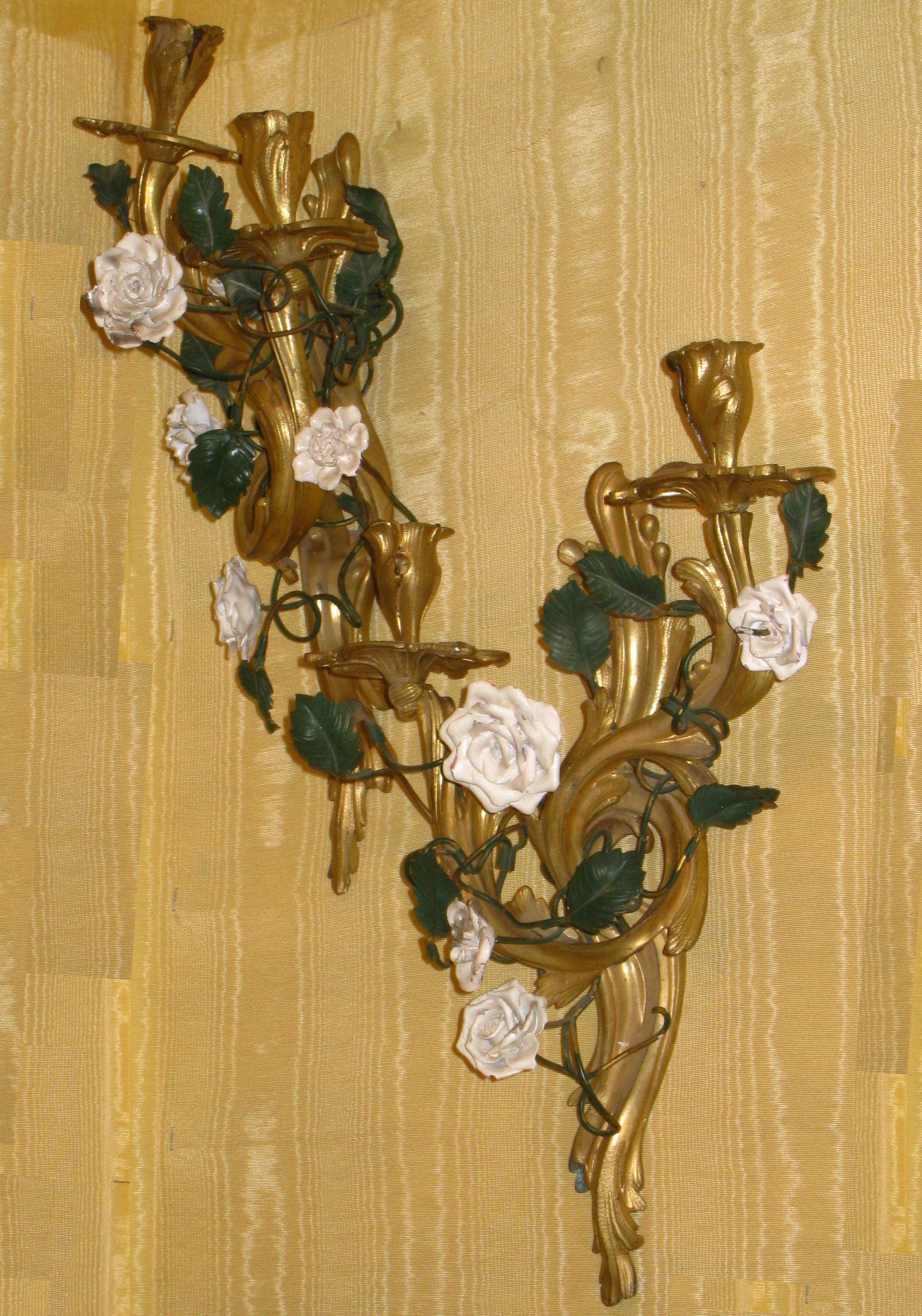 French Pair of Louis XV Style Gilt Bronze Sconces with Porcelain Flowers For Sale