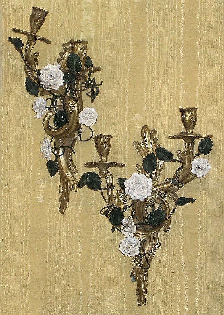 19th Century Pair of Louis XV Style Gilt Bronze Sconces with Porcelain Flowers For Sale