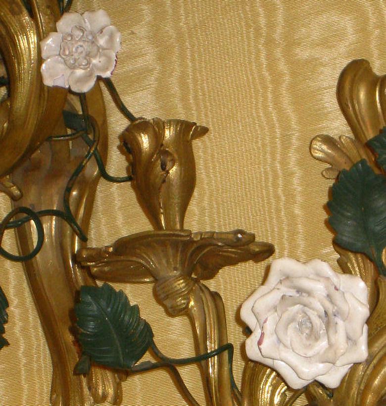 Pair of Louis XV Style Gilt Bronze Sconces with Porcelain Flowers For Sale 1