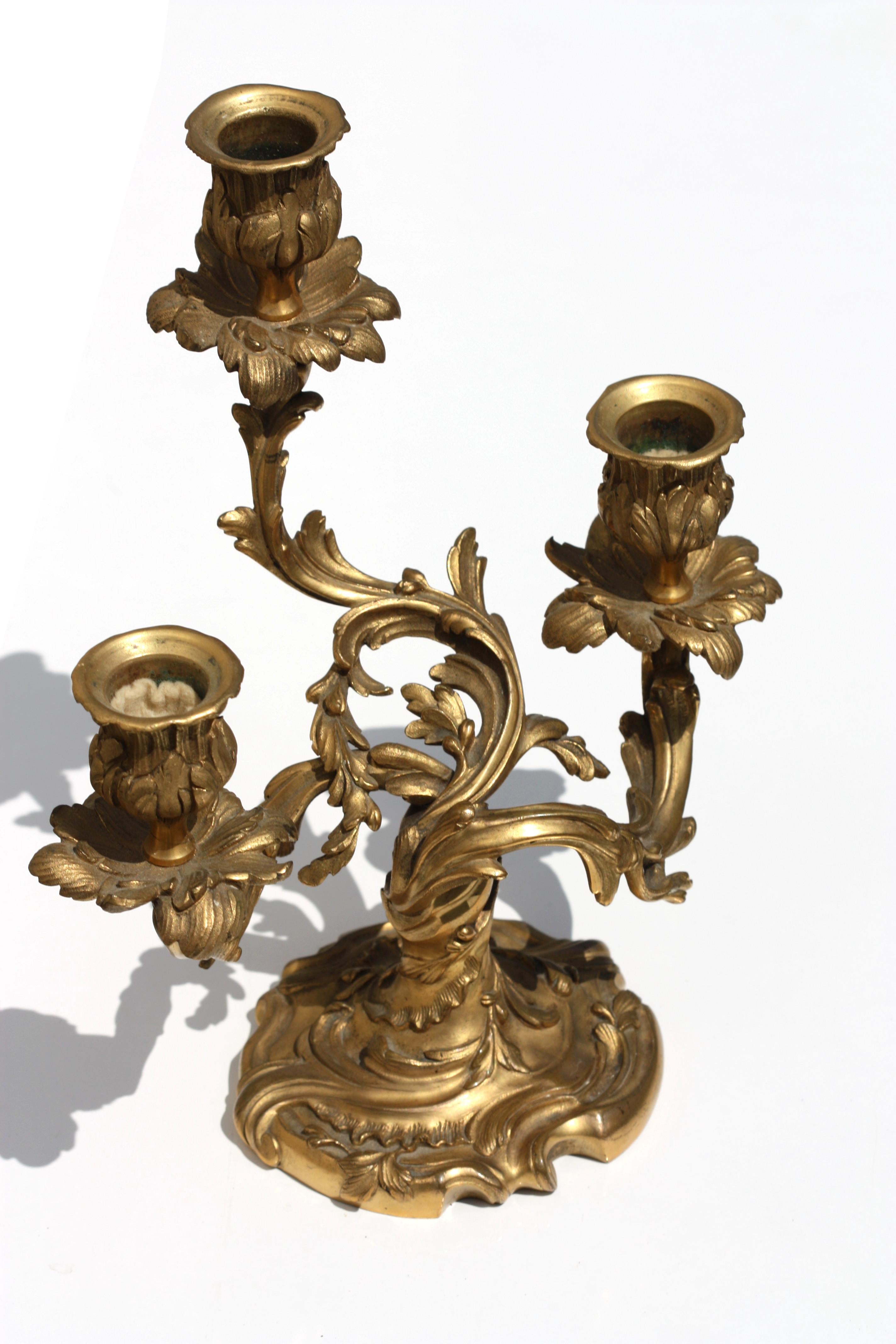 Pair of Louis XV Style Gilt-Bronze Three Light Candelabra In Good Condition For Sale In West Palm Beach, FL
