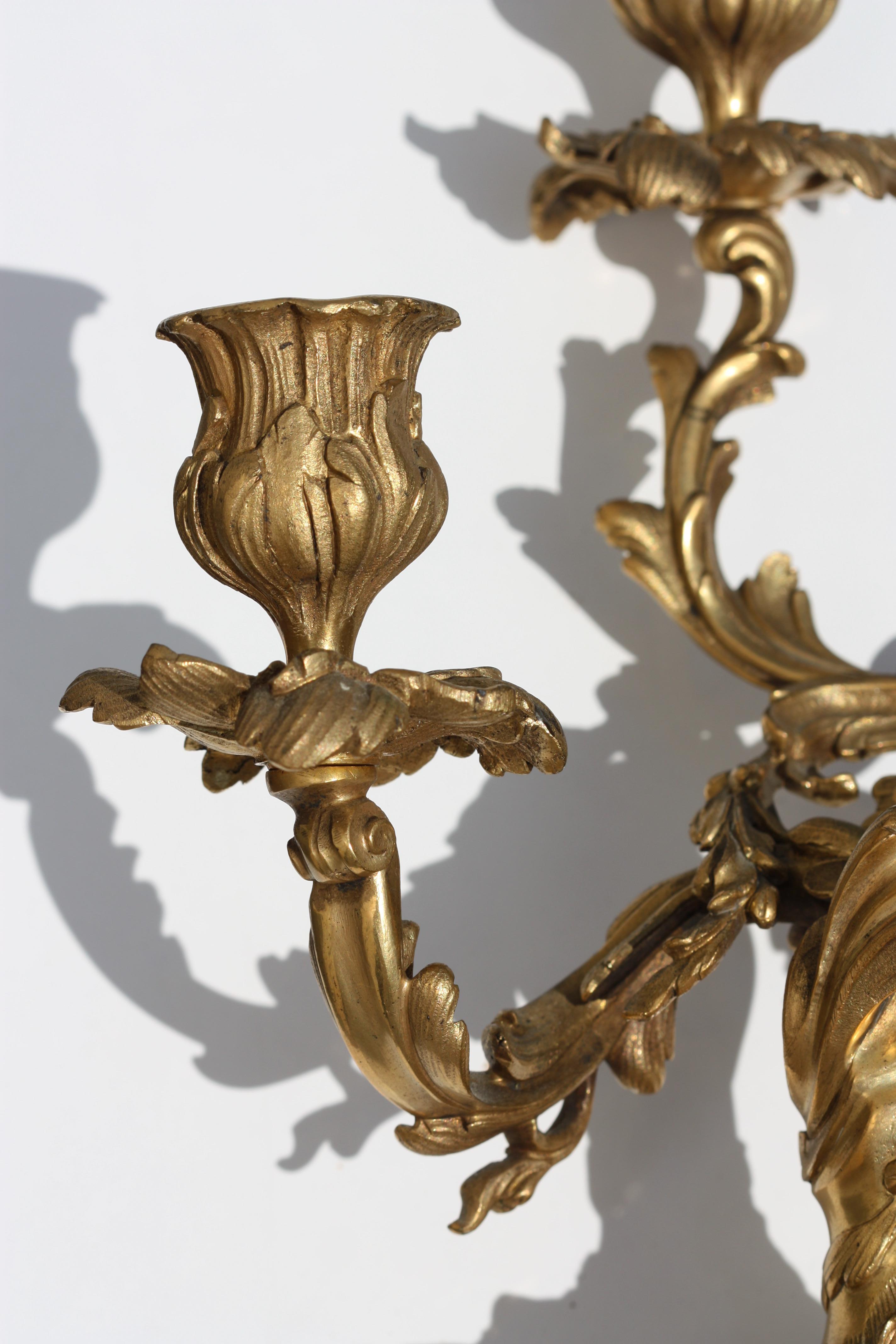 19th Century Pair of Louis XV Style Gilt-Bronze Three Light Candelabra For Sale