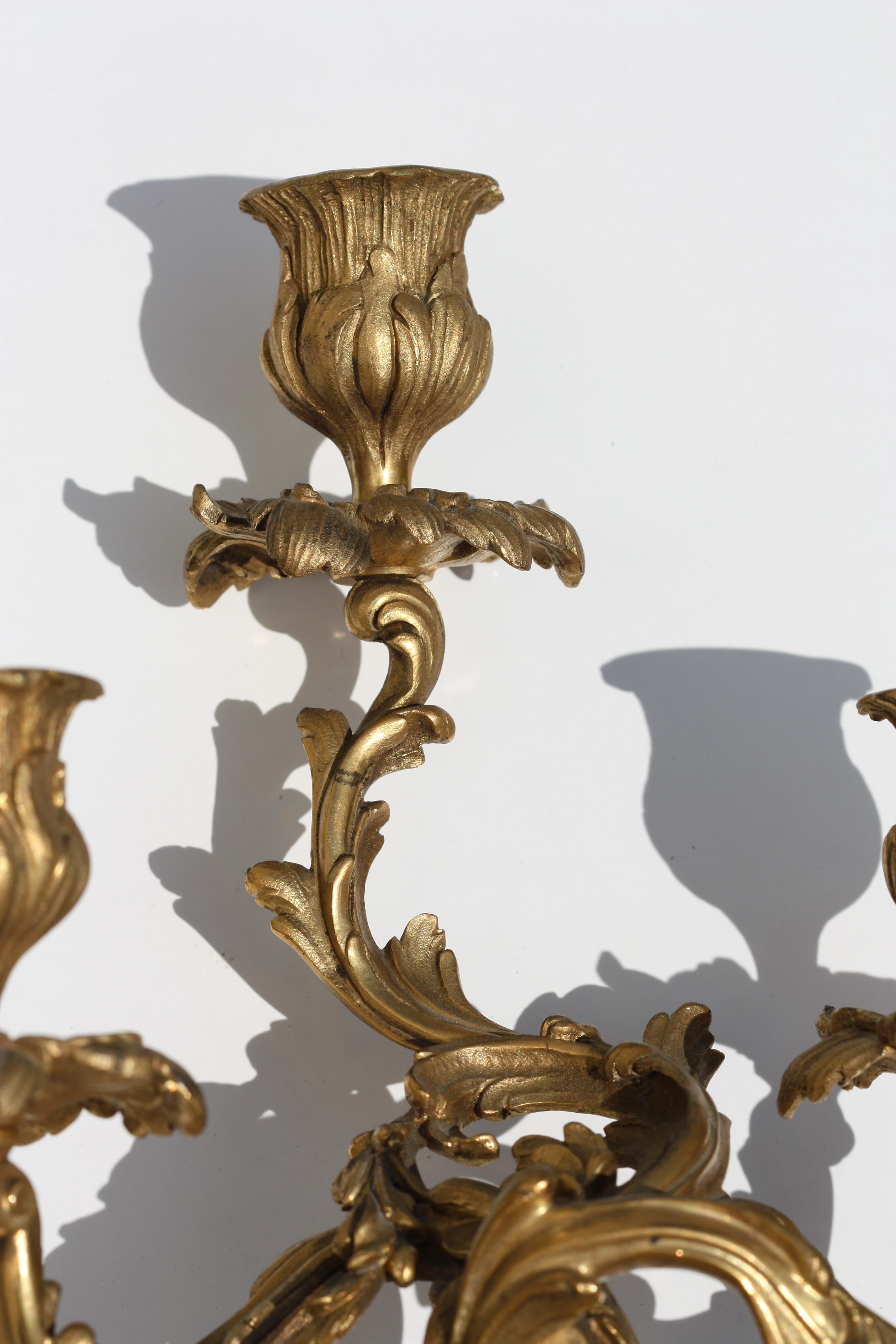Brass Pair of Louis XV Style Gilt-Bronze Three Light Candelabra For Sale