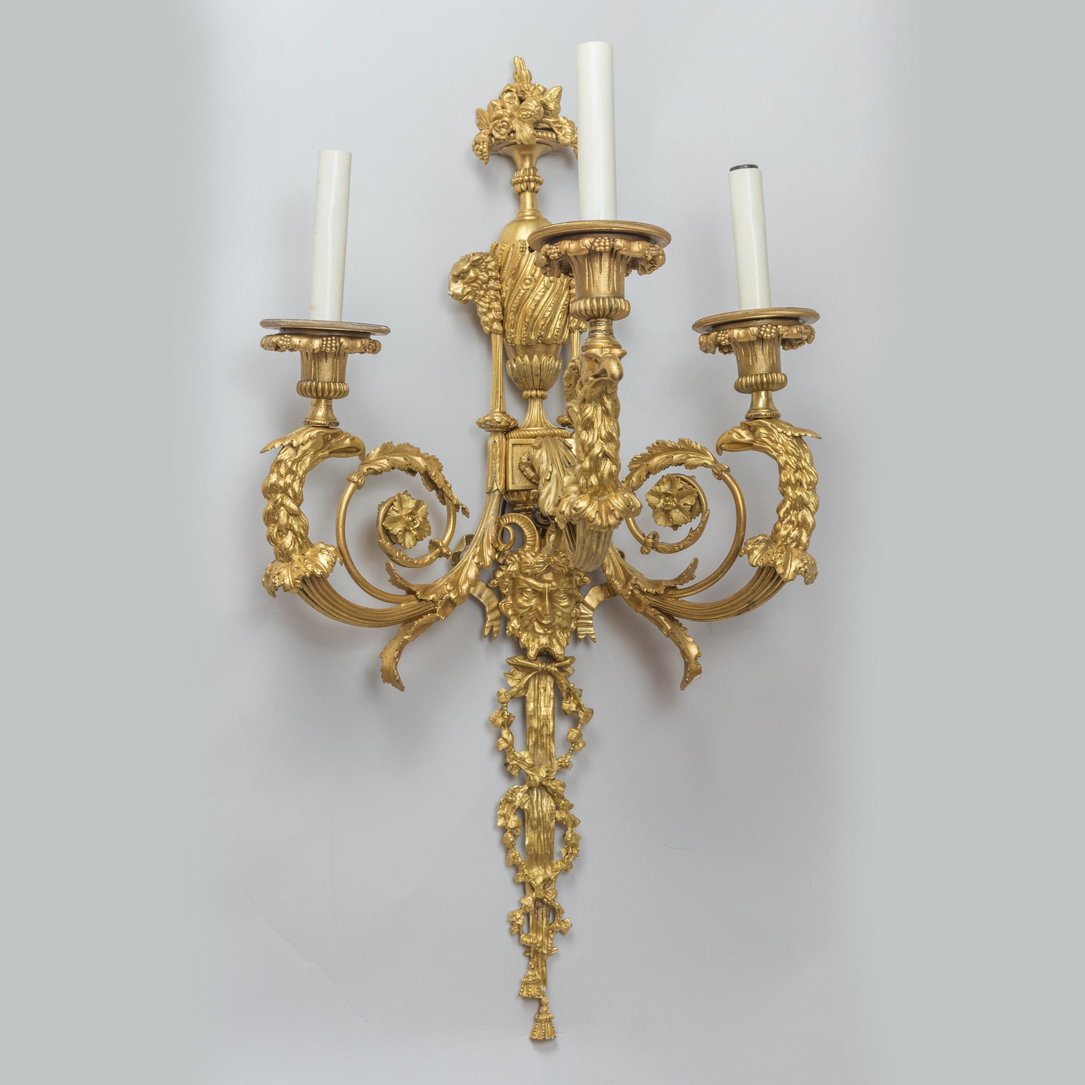 French Pair of Louis XV Style Gilt Bronze Three-Light Wall Sconces For Sale
