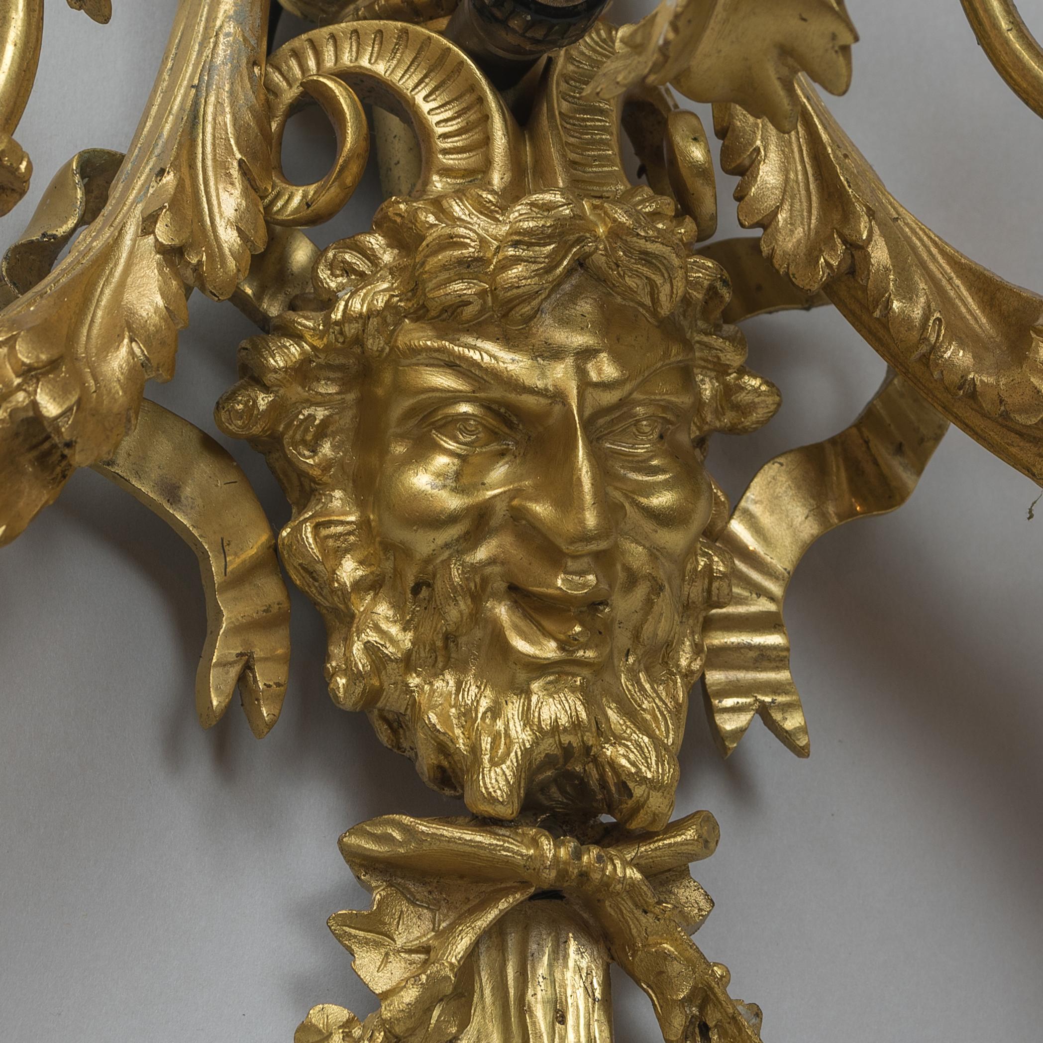 19th Century Pair of Louis XV Style Gilt Bronze Three-Light Wall Sconces For Sale