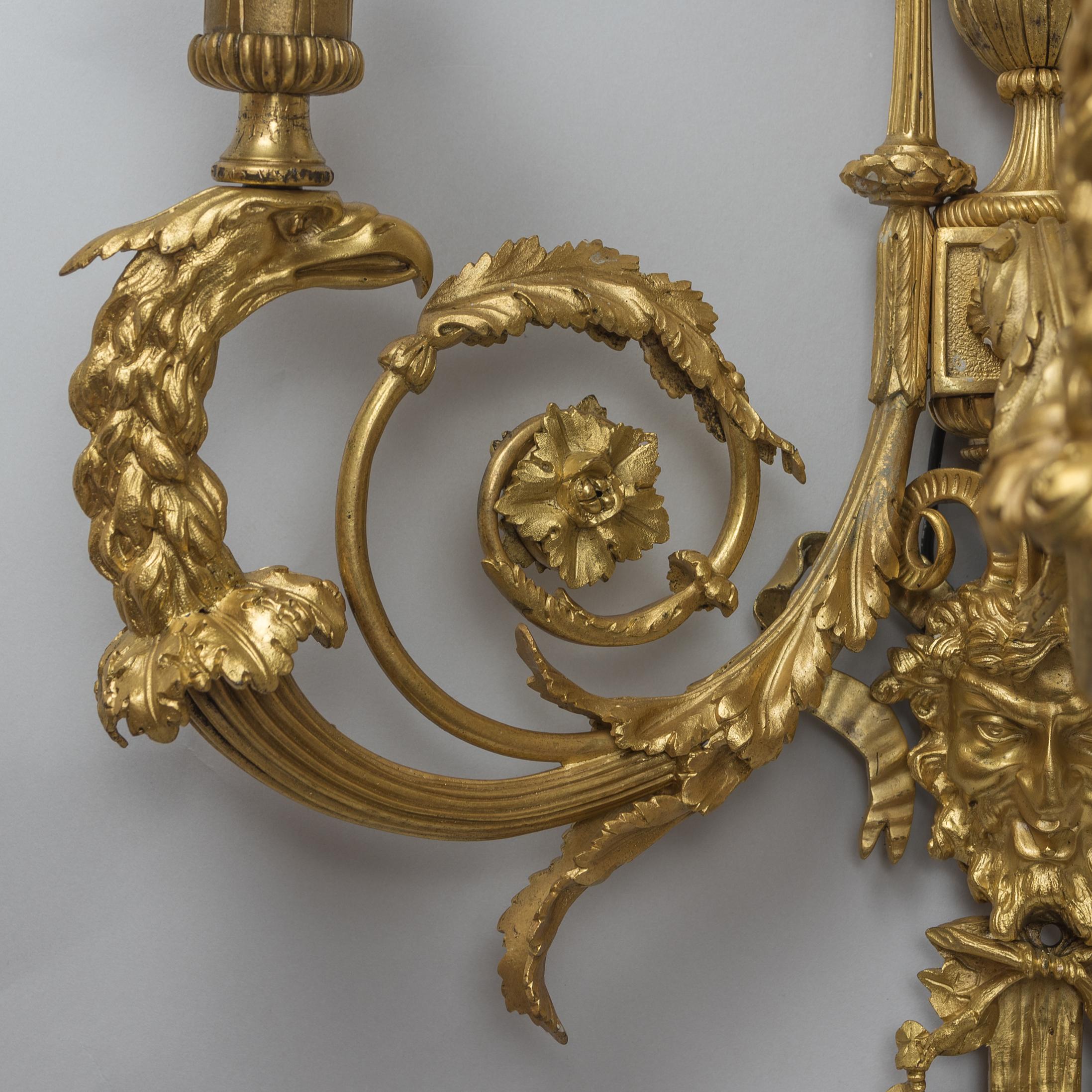 Pair of Louis XV Style Gilt Bronze Three-Light Wall Sconces For Sale 1