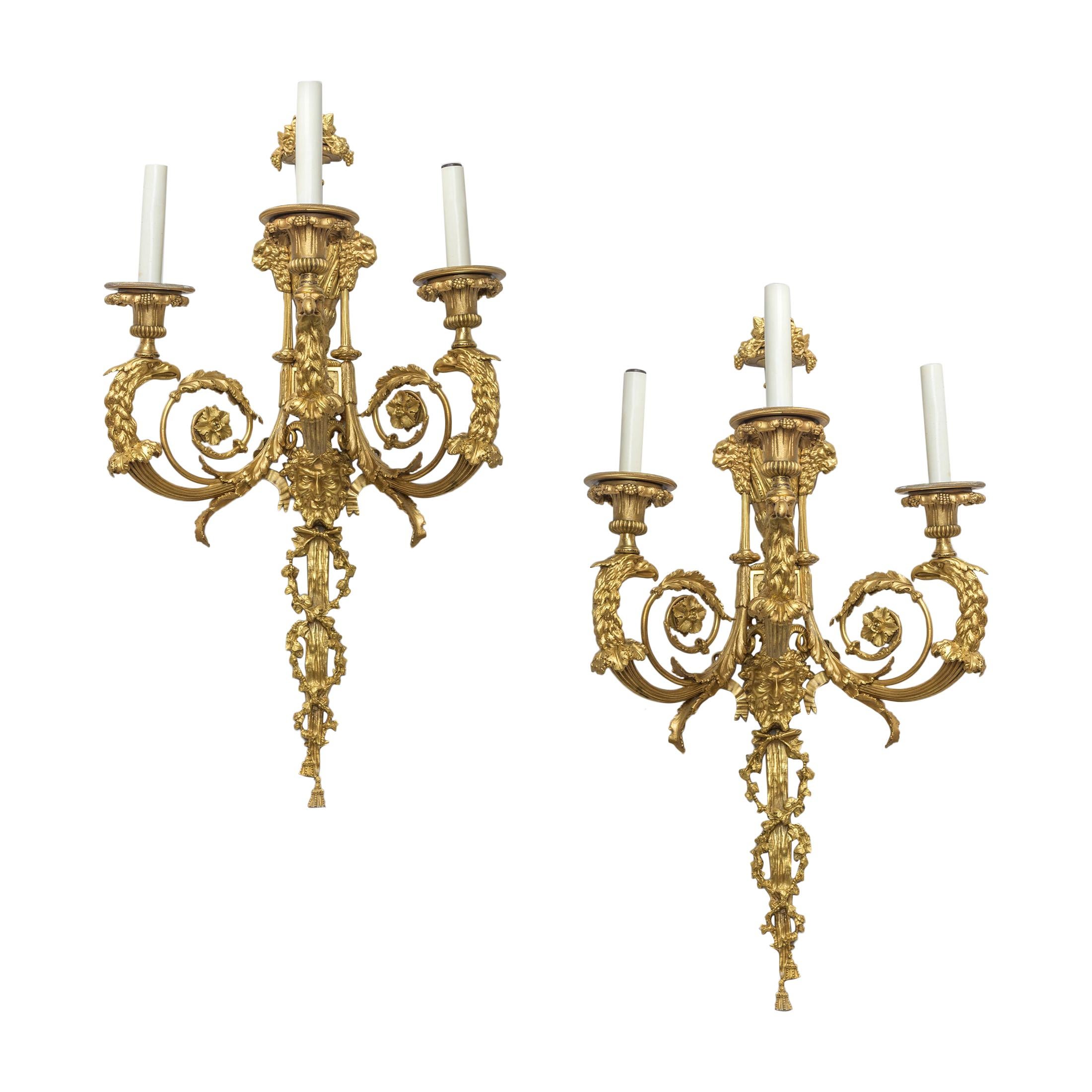Pair of Louis XV Style Gilt Bronze Three-Light Wall Sconces For Sale