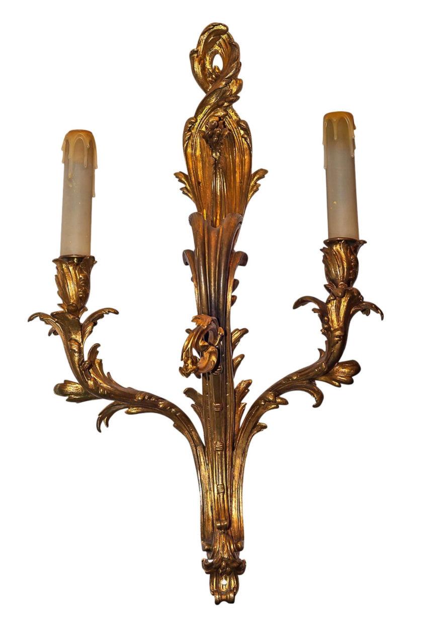 French Pair of Louis XV Style Gilt Bronze Two-Arm Wall Light Sconces